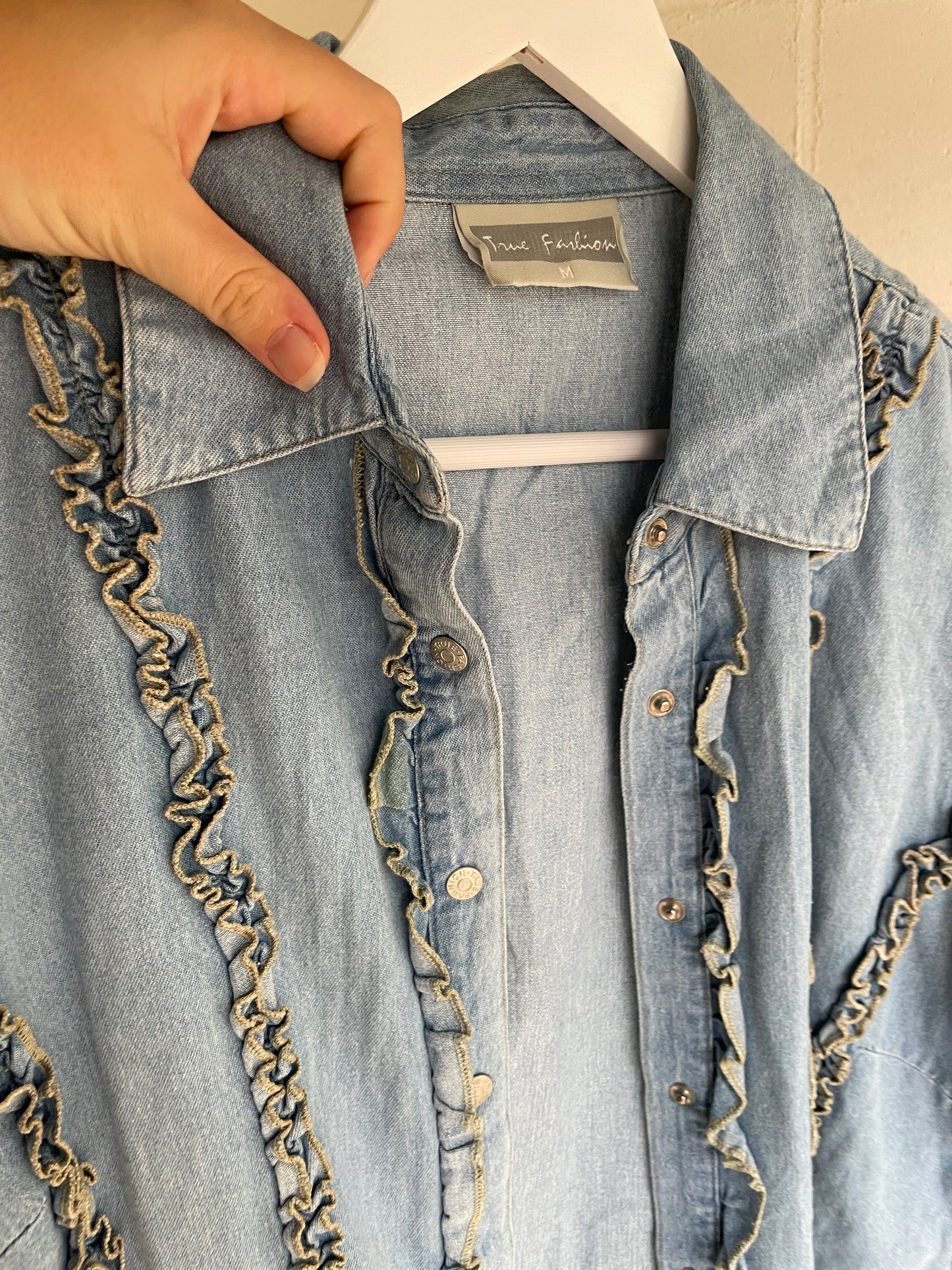 Camicia denim lavaggio chiaro, rouges frontali - taglia M