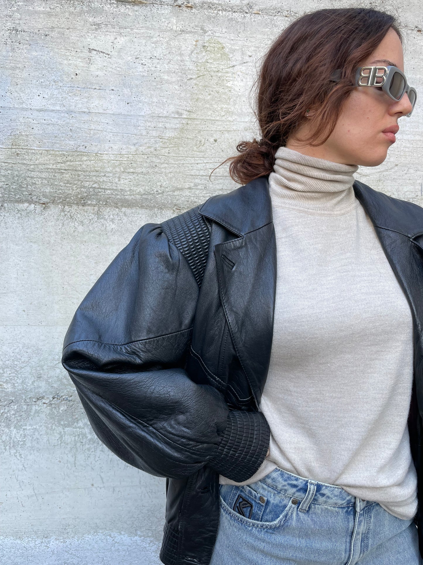 Bomber 80s lavorato in vera pelle nero