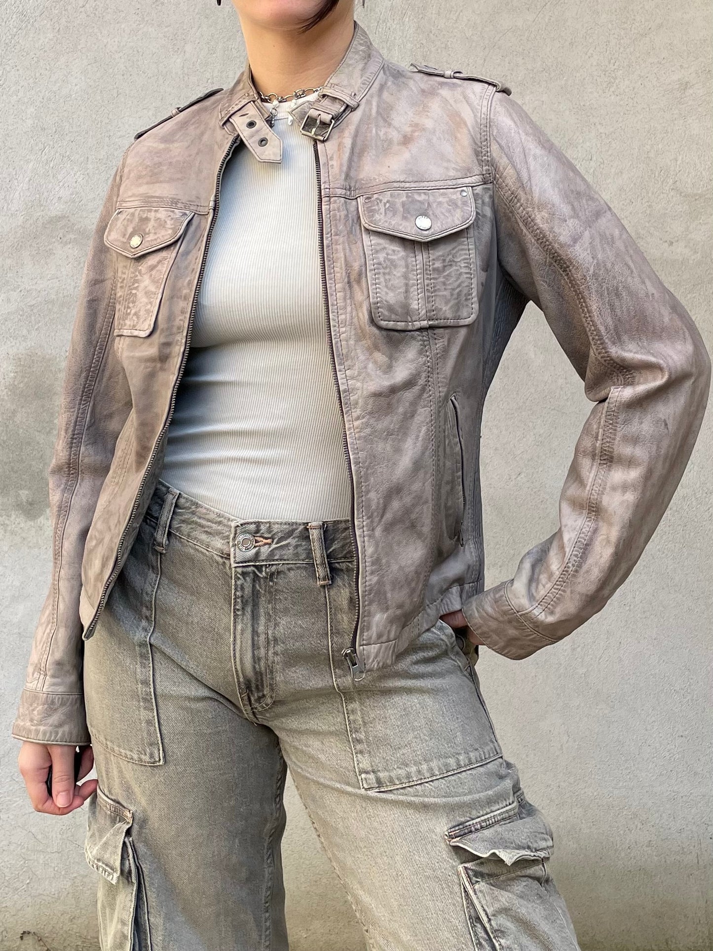 Biker cropped vera pelle ghiaccio