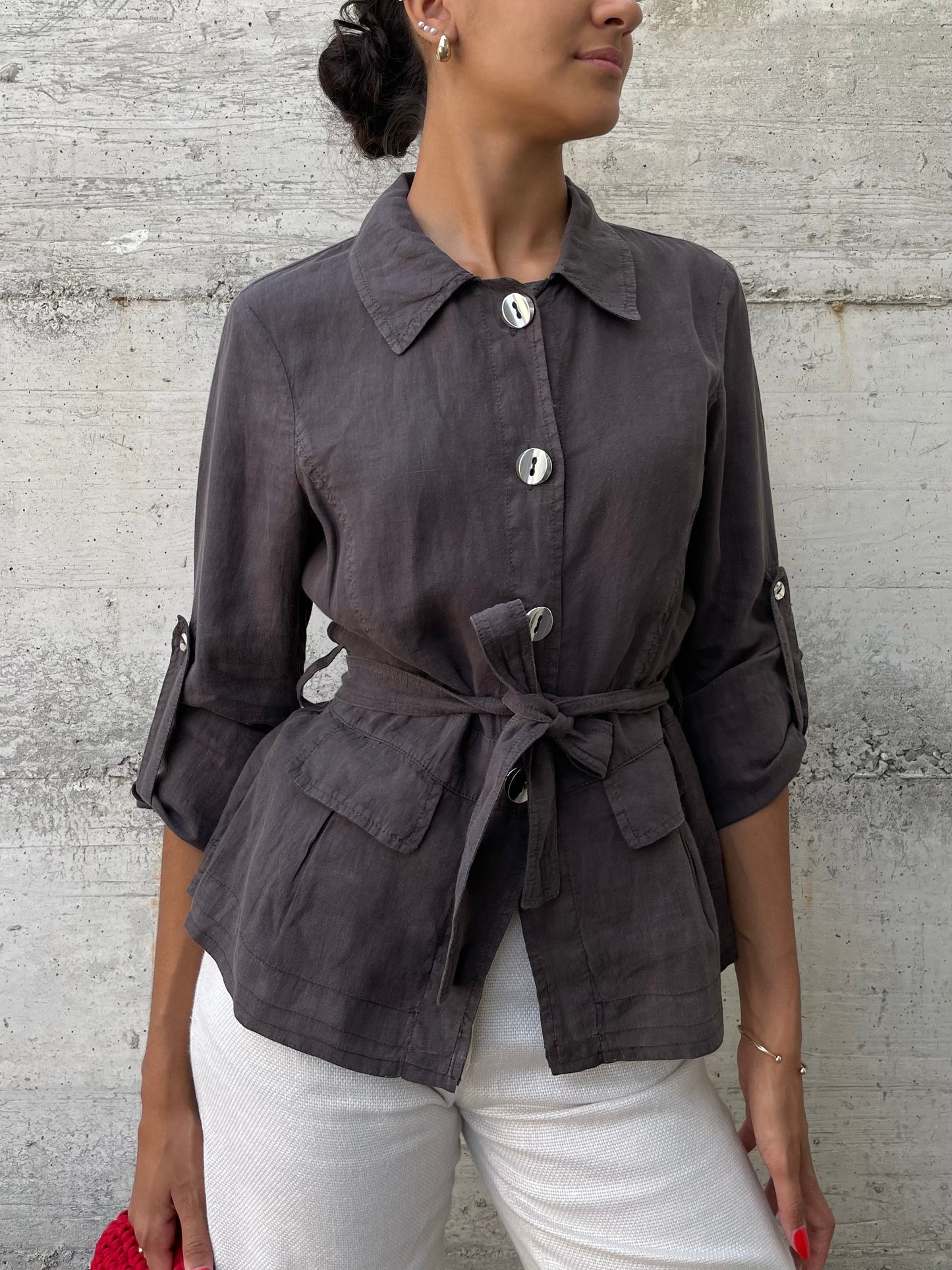 Camicia Marella cargo marrone 100% lino - taglia S/M