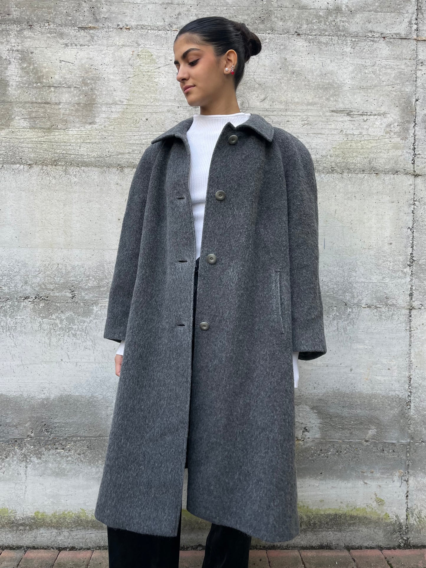 Cappotto sartoriale lungo monopetto, in misto lana e alpaca