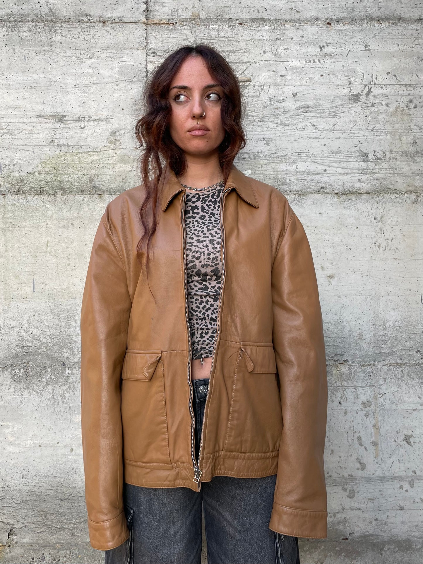 Biker liscio in nappa (vera pelle) biscotto - taglia M/L uomo