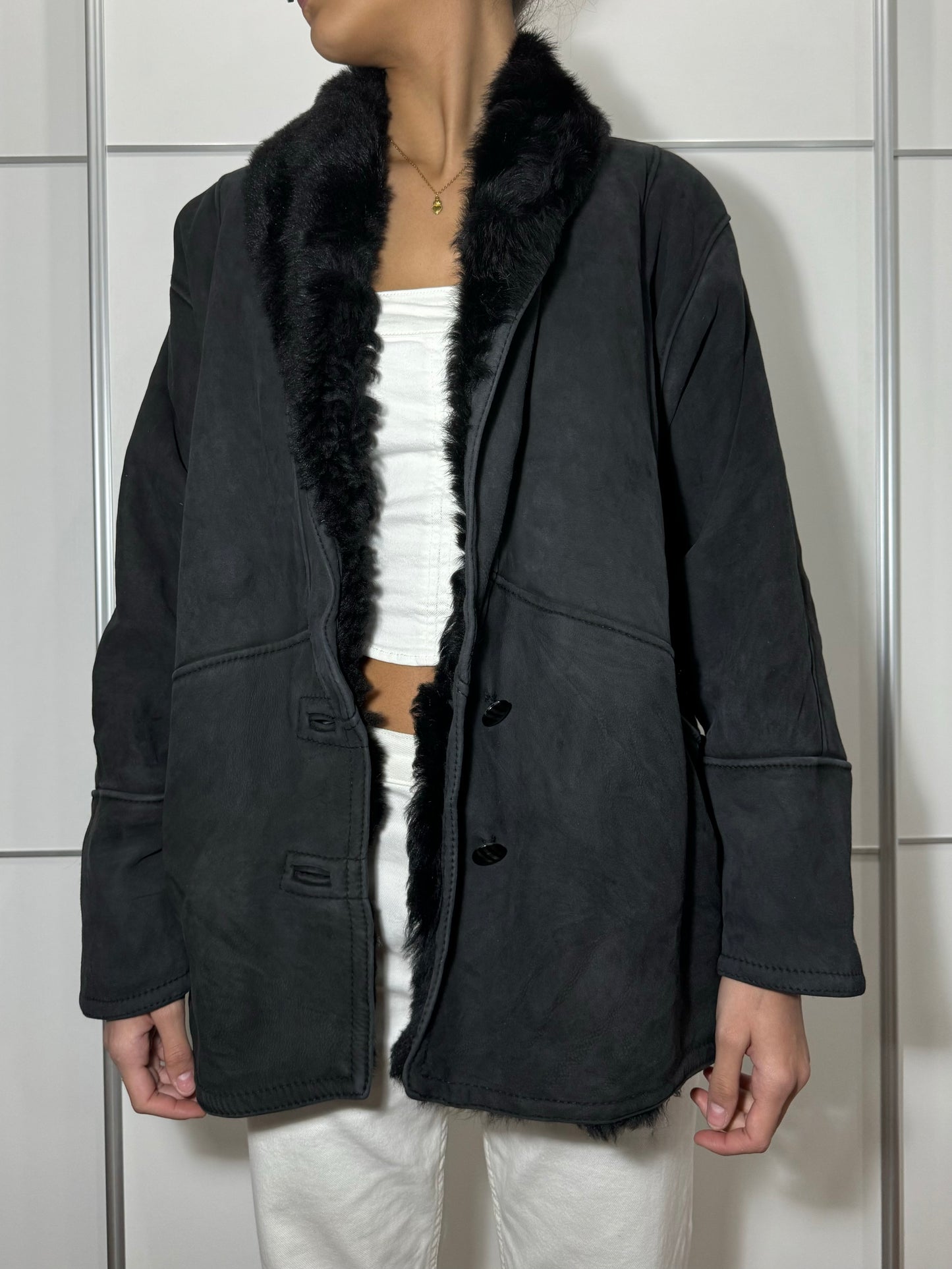 Montone originale Shearling scamosciato nero, taglia 44it donna