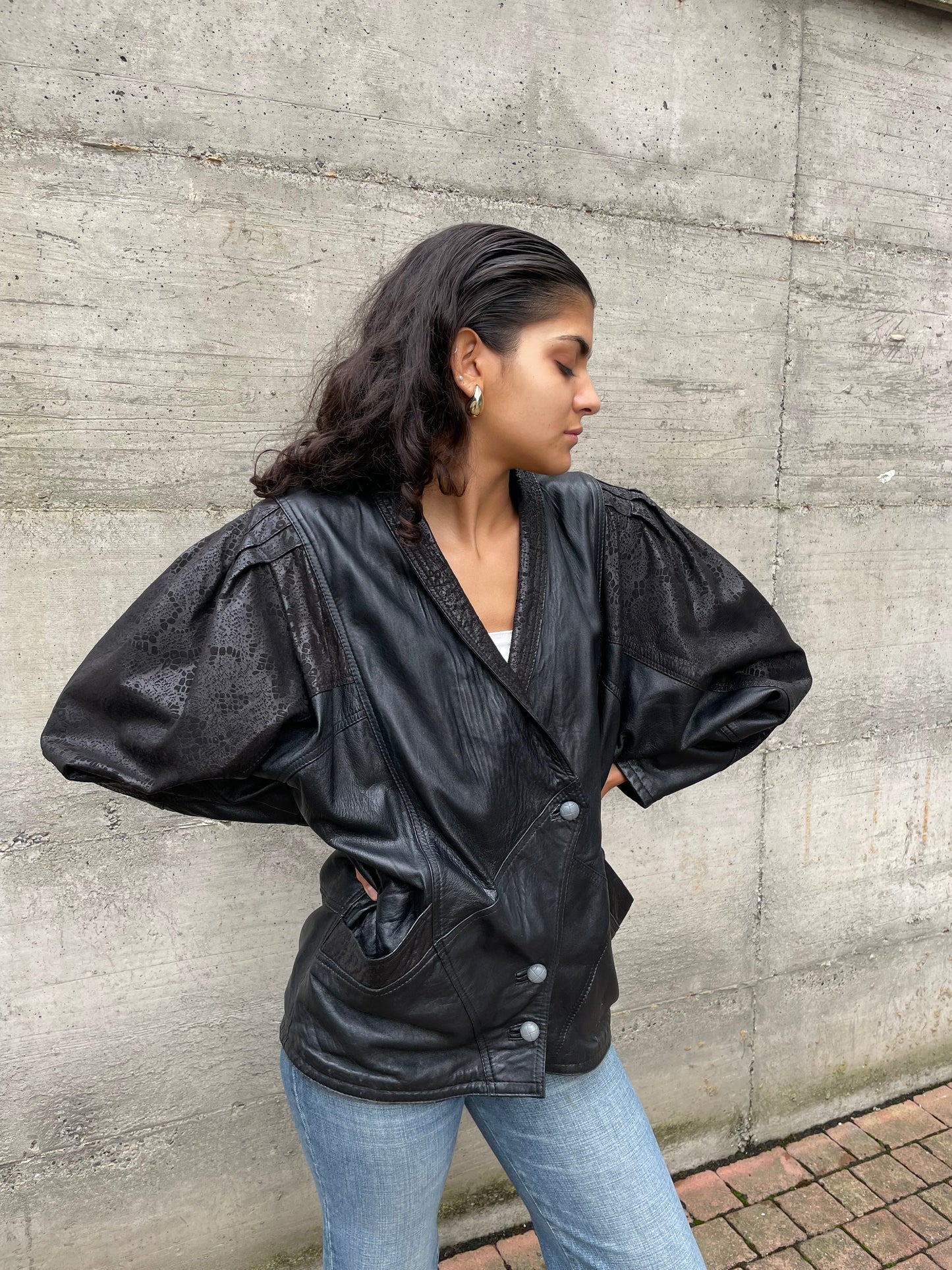 Giacca 80s lavorata in vera pelle nera - taglia M