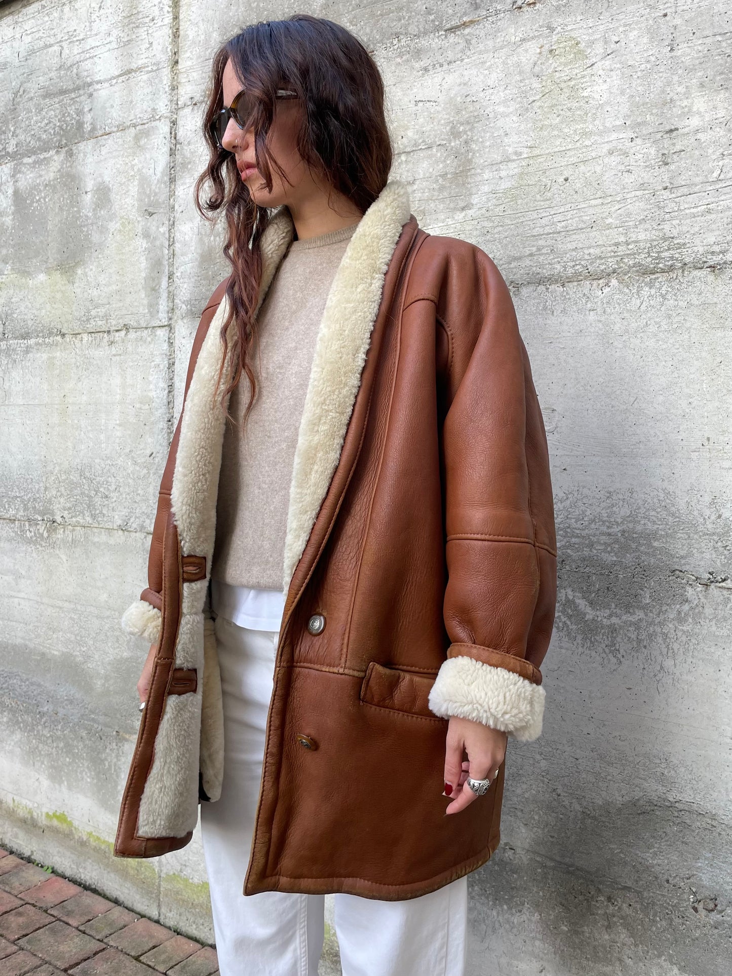 Montone Shearling originale a pelo bianco con esterno in pelle rame, taglia 48it donna