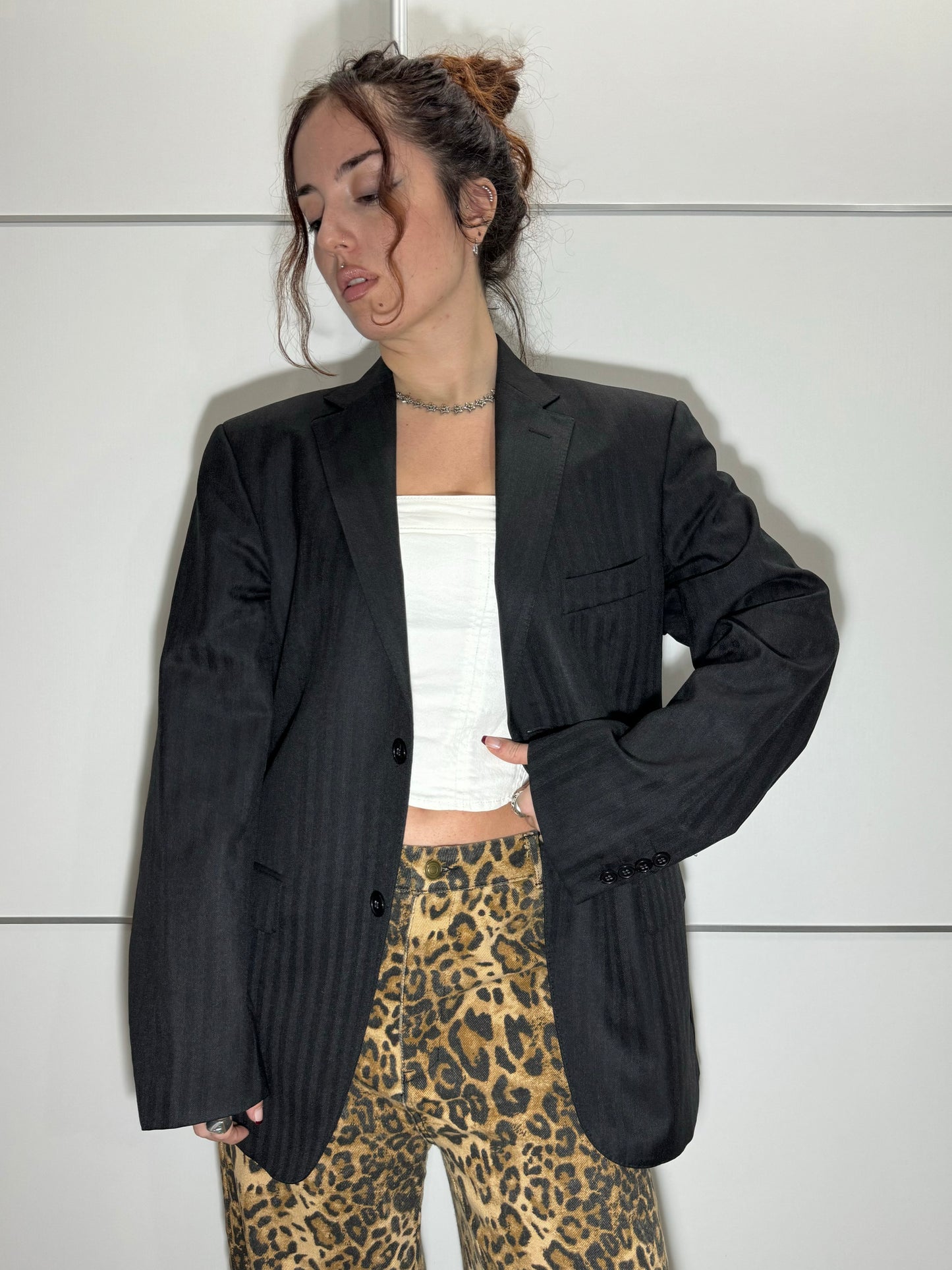 Blazer sartoriale oversize nero gessato, 100% lana