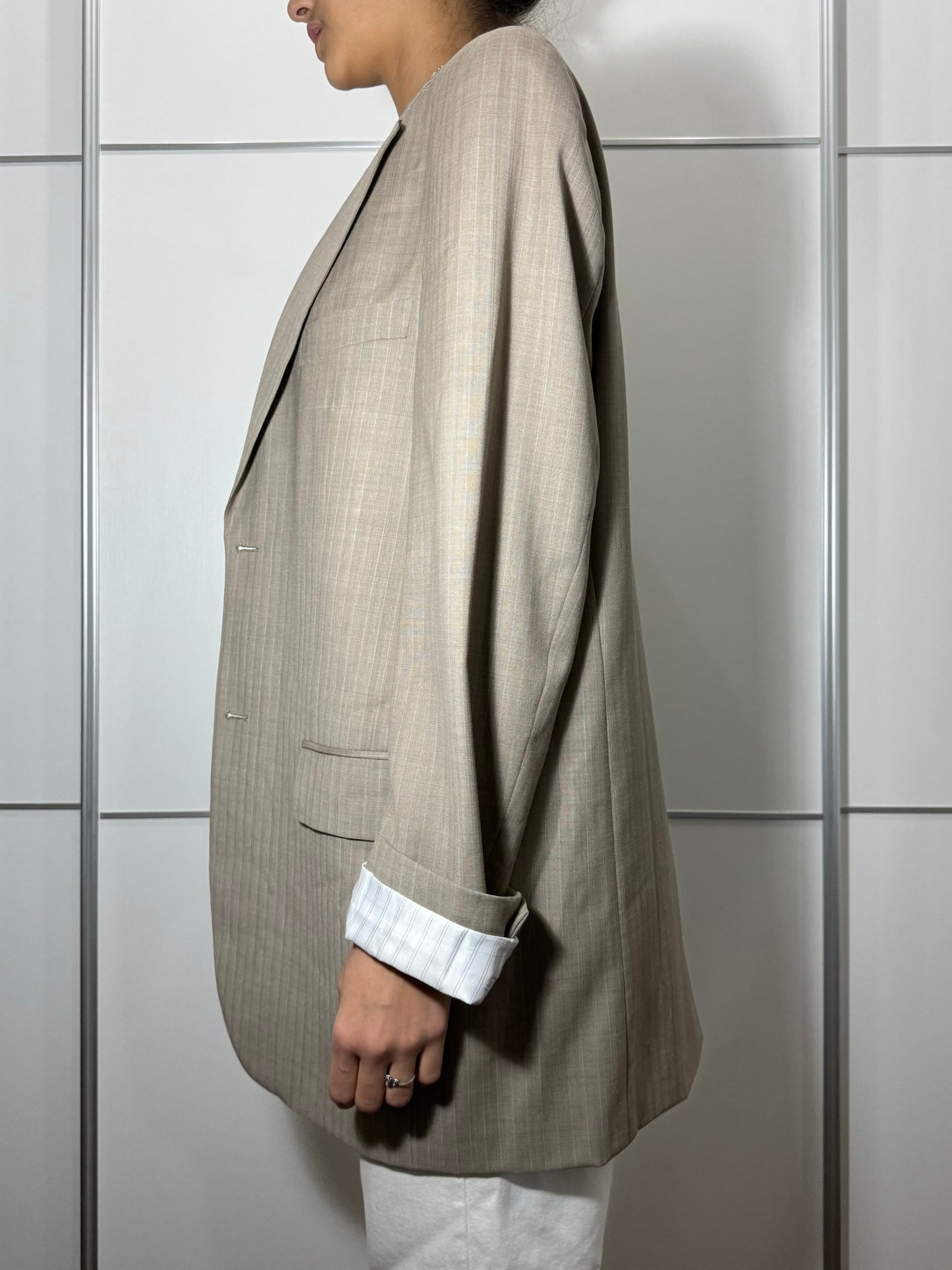 Blazer in fresco lana vergine superfine beige gessato