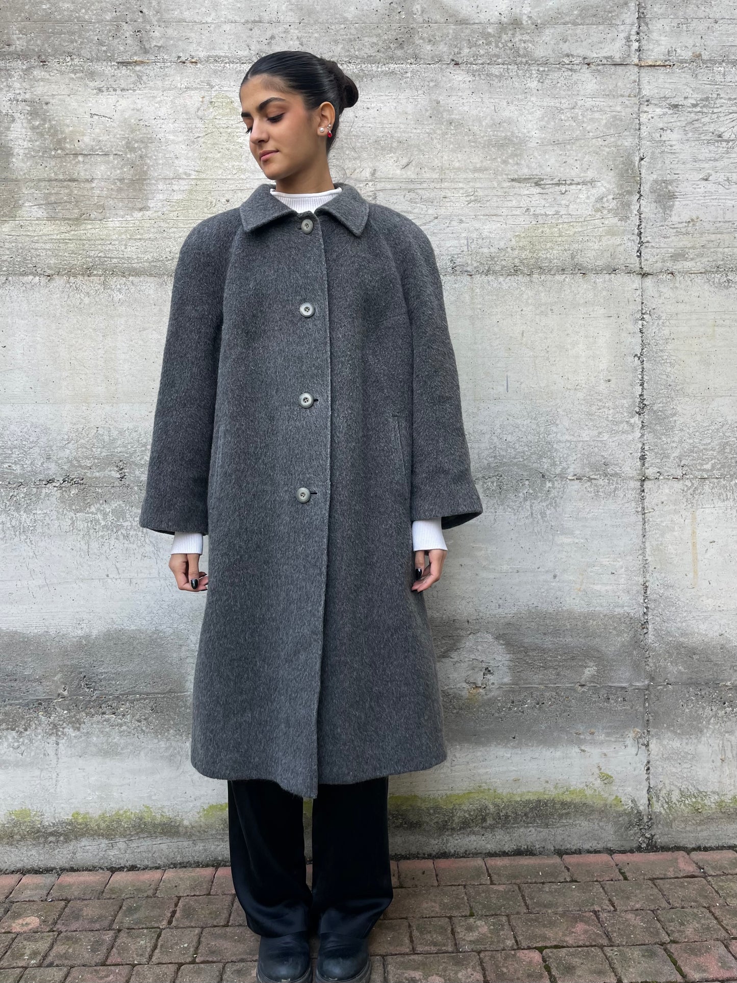 Cappotto sartoriale lungo monopetto, in misto lana e alpaca