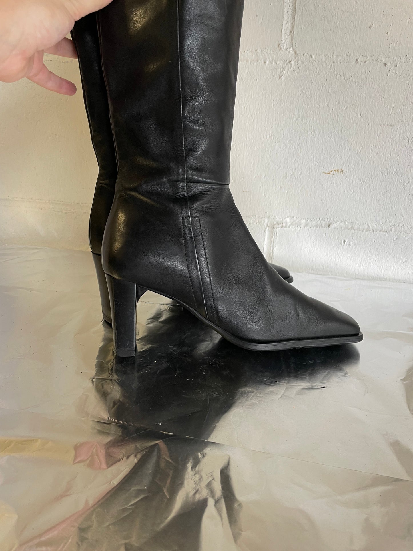 EU 37 - Stivale vintage vera pelle nero, punta quadrata e tacco grosso 7cm