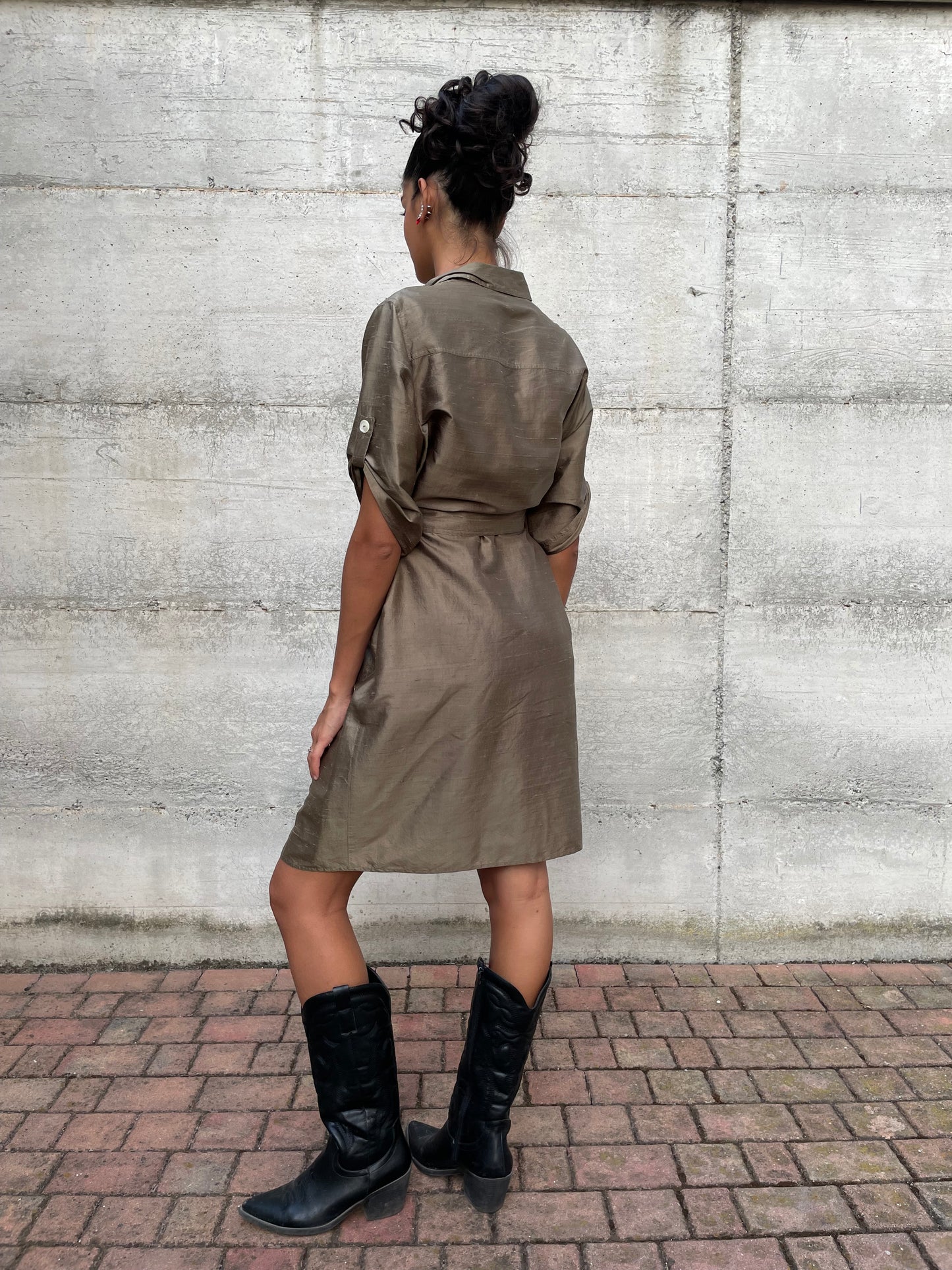 Chemisier midi 100% shantung di seta verde oliva - taglia M