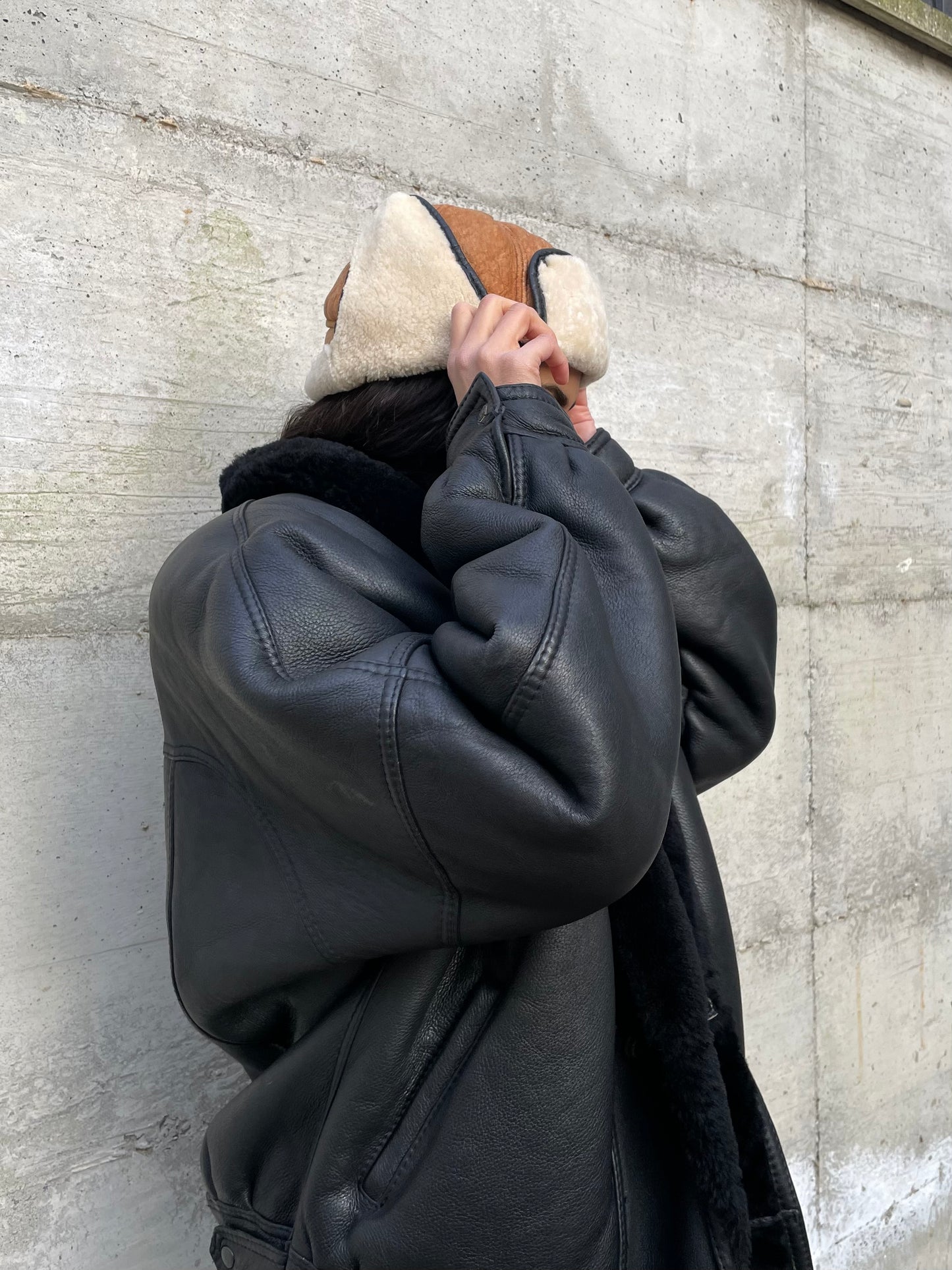 Montone originale Shearling modello bomber, esterno in pelle e interno a pelo raso