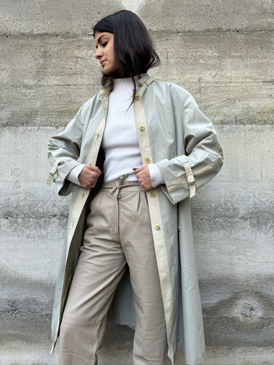 Trenchcoat monopetto sartoriale ghiaccio con collo alla coreana, in misto cotone, tessuti NINO