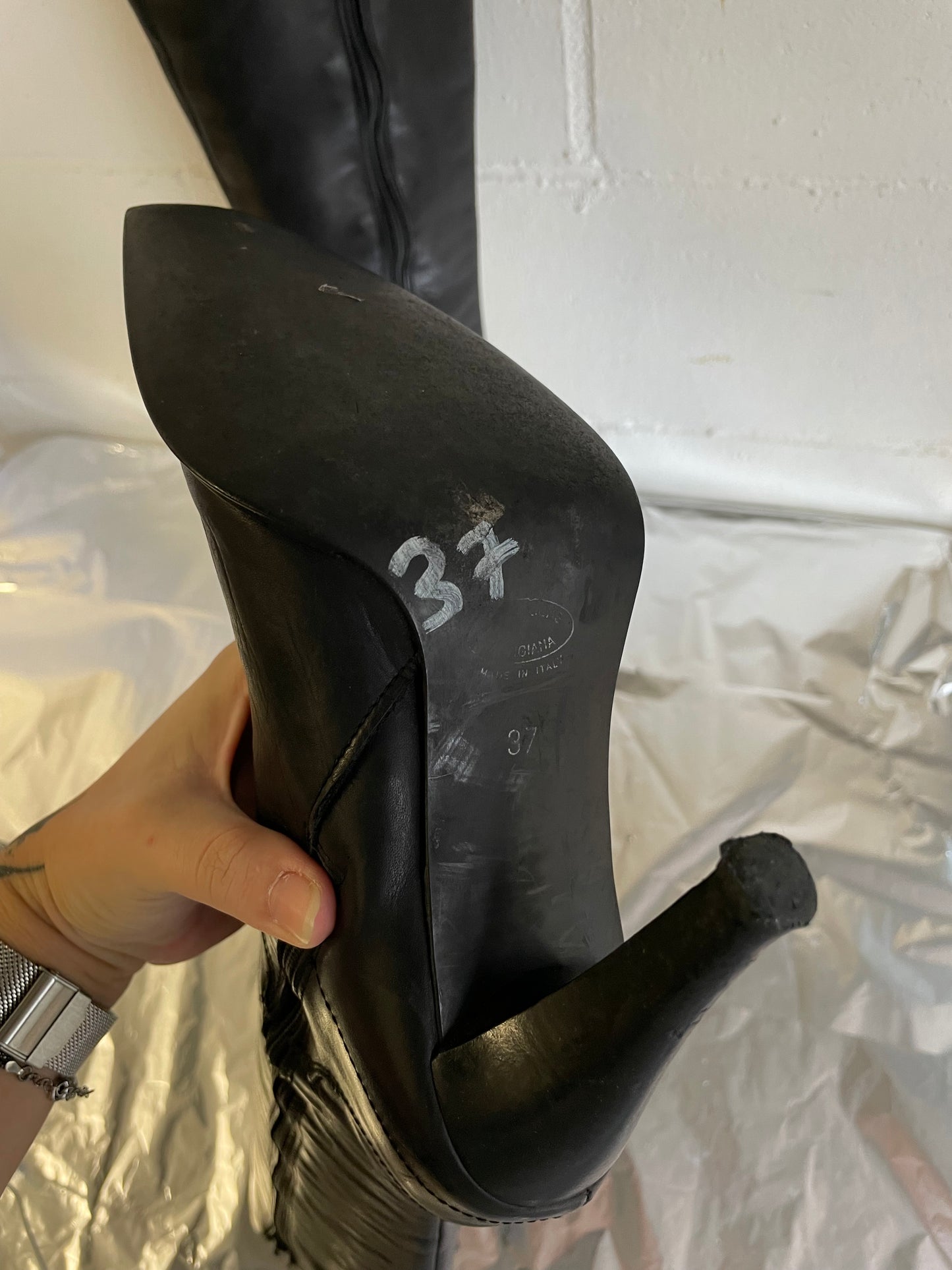 EU 37 - Stivale vintage vera pelle nero al ginocchio, tacco 8cm