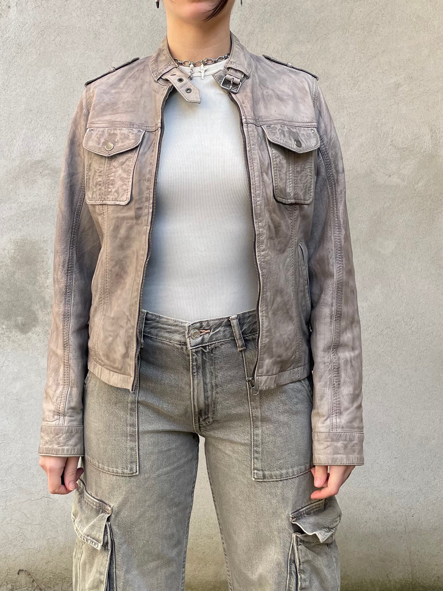 Biker cropped vera pelle ghiaccio