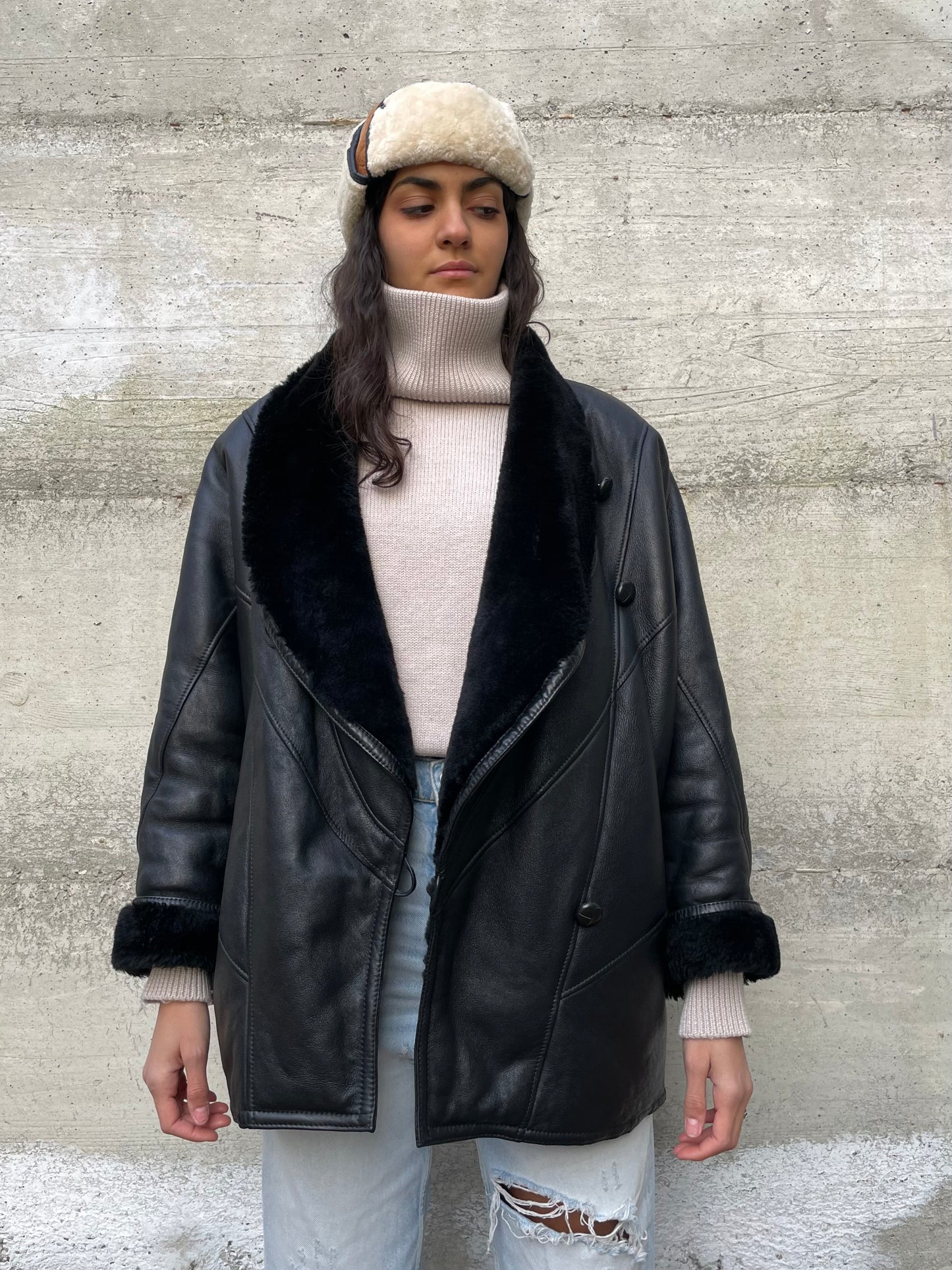 Montone donna originale Shearling 80s, esterno in pelle e interno a pelo raso, in rara taglia piccola