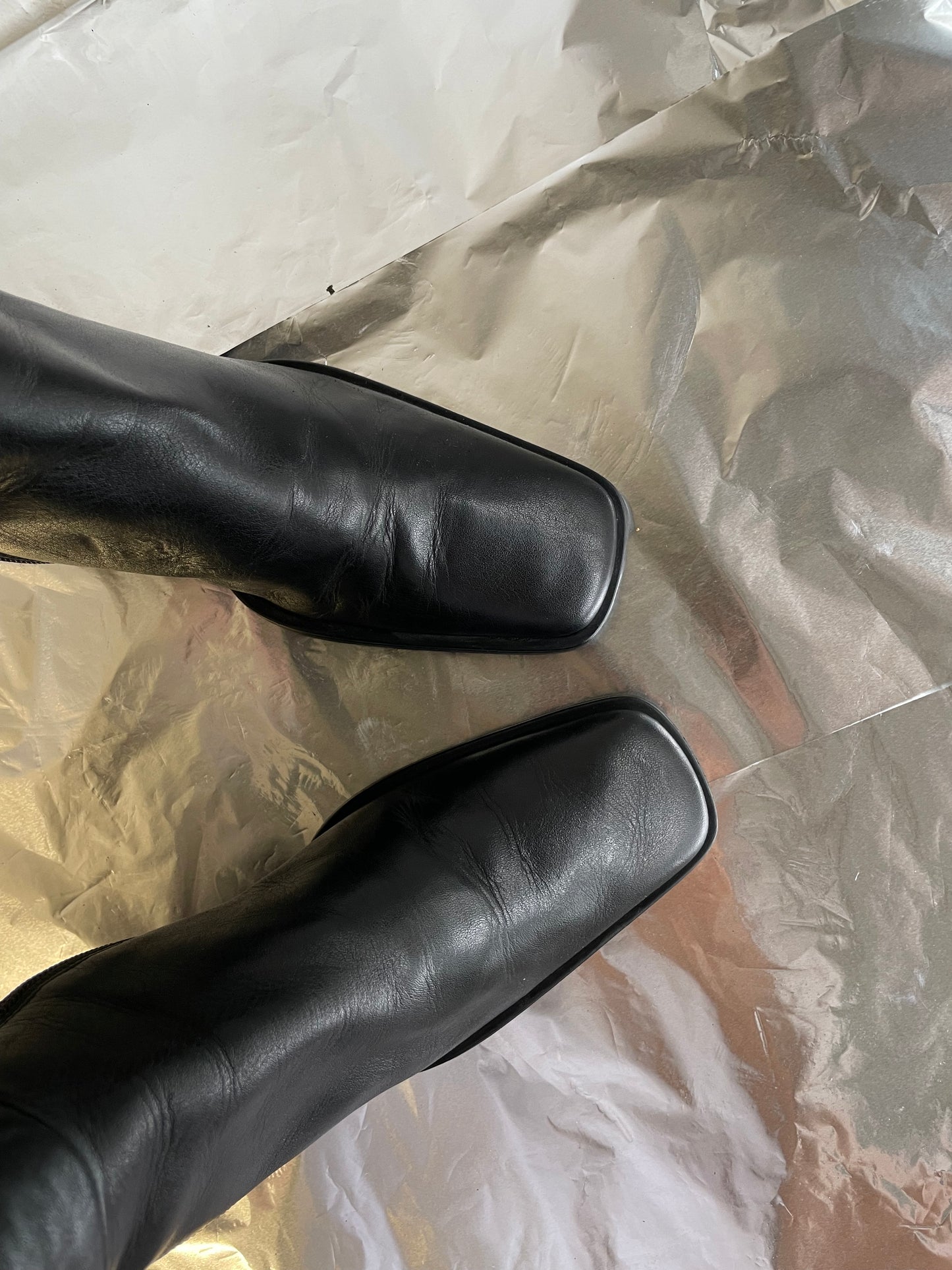 EU 37 - Stivale vintage vera pelle nero, punta quadrata e tacco grosso 7cm