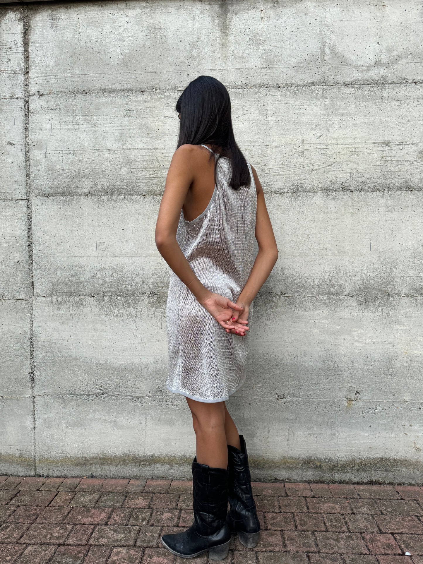 Abitino a rete semitrasparente argento, taglia M