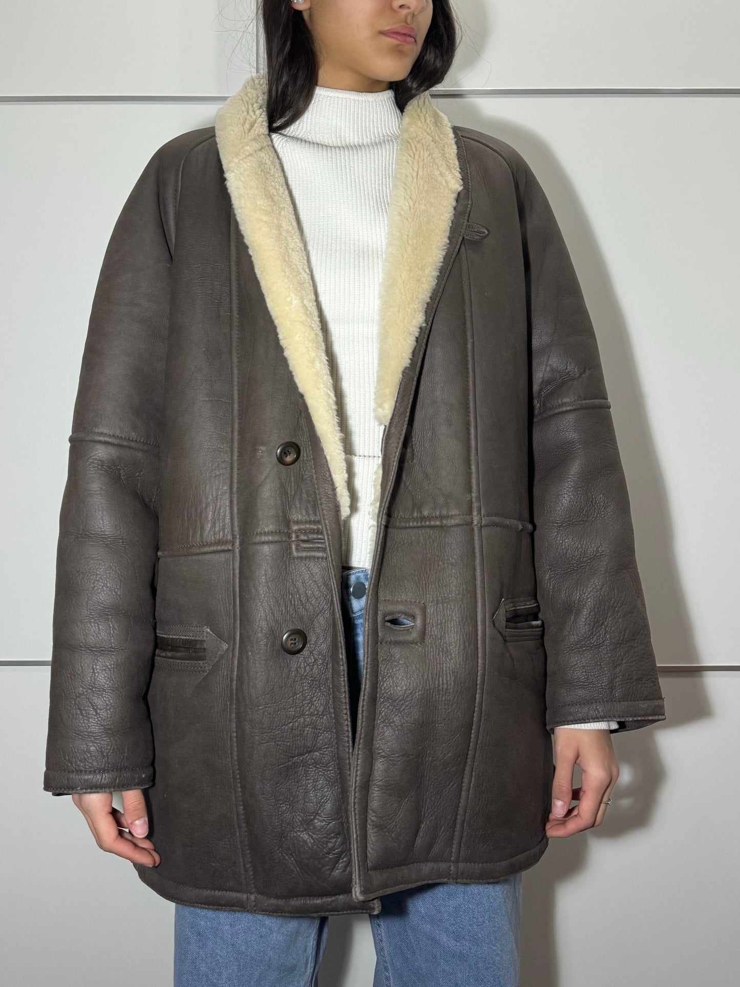 Montone originale Shearling in pelle testa di moro, taglia M uomo