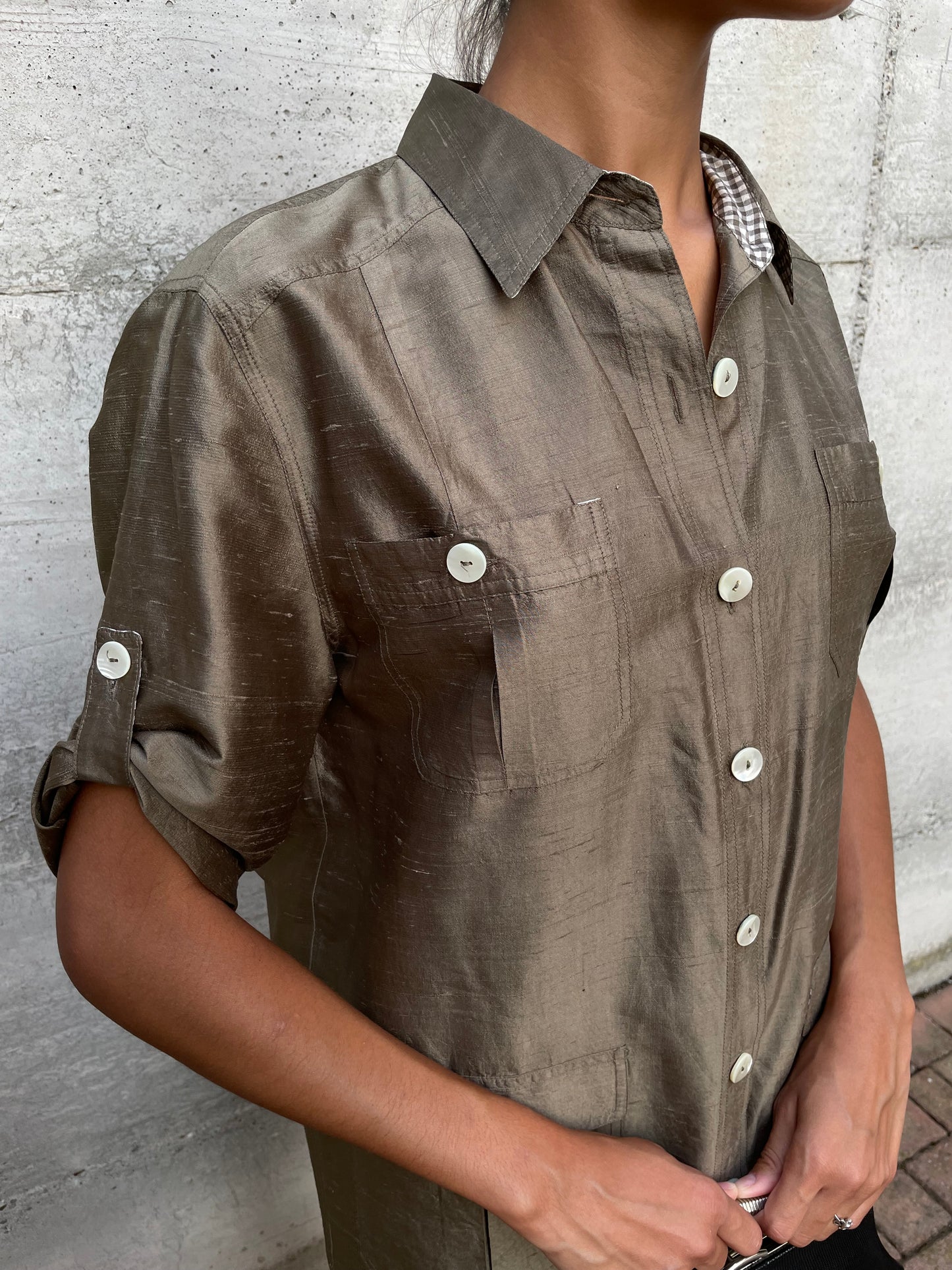 Chemisier midi 100% shantung di seta verde oliva - taglia M