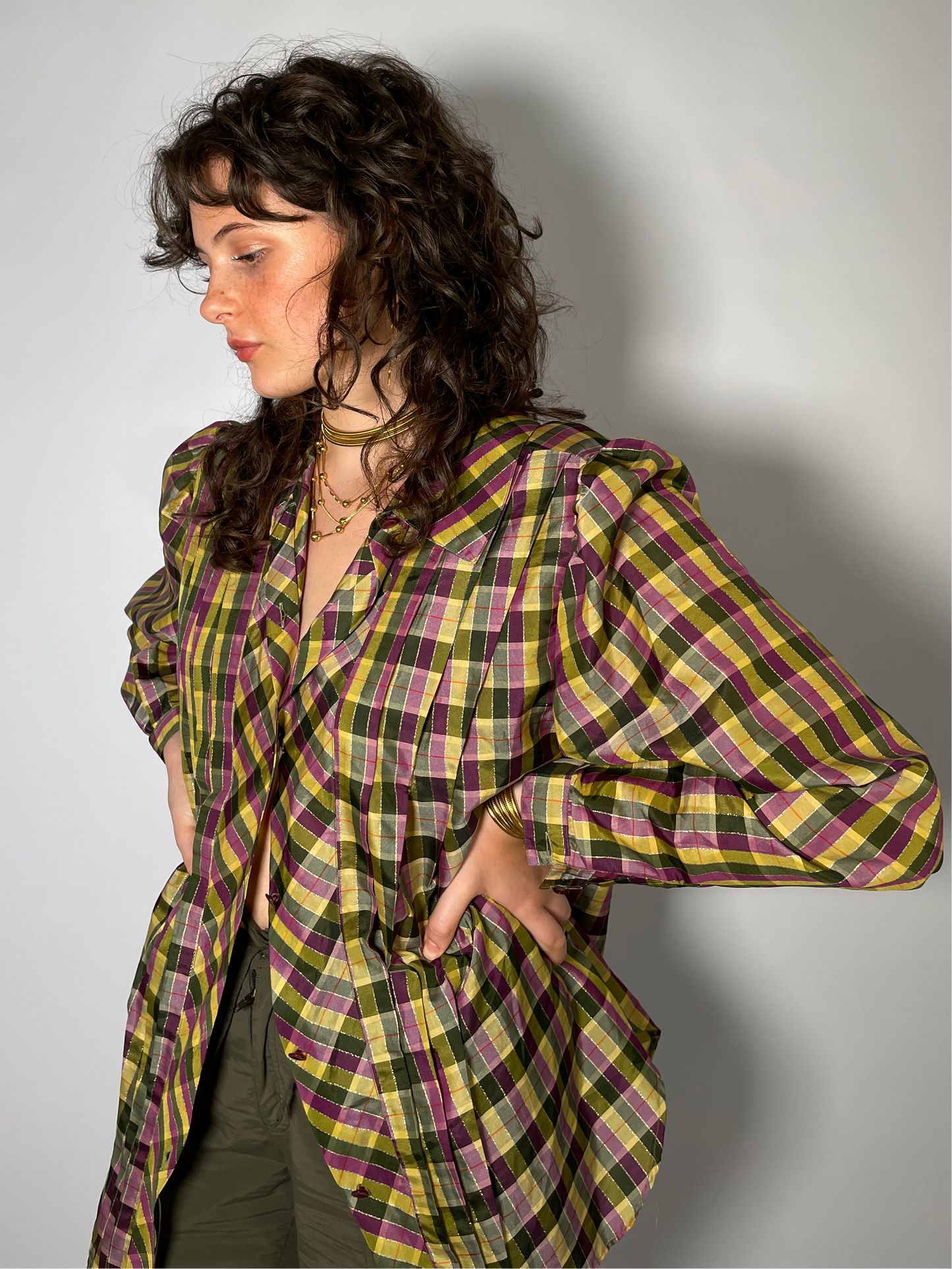 Blusa tartan con balze e filo di lurex - taglia 44