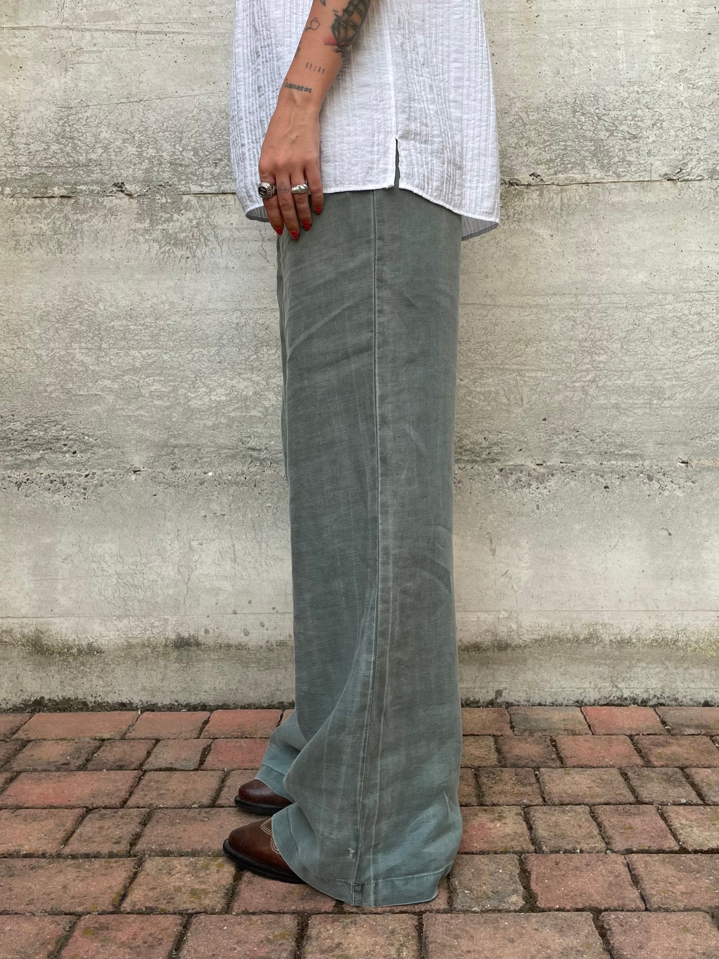 Pantapalazzo verde salvia 100% ramiè, taglia M