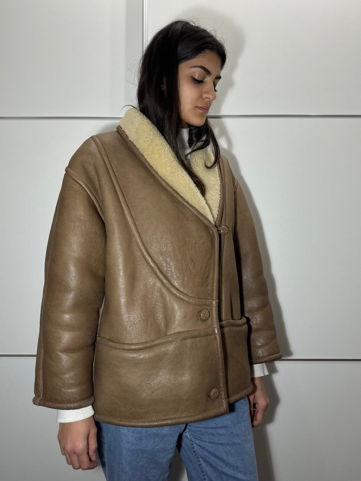 Montone originale Shearling in pelle nocciola, rara taglia piccola da donna