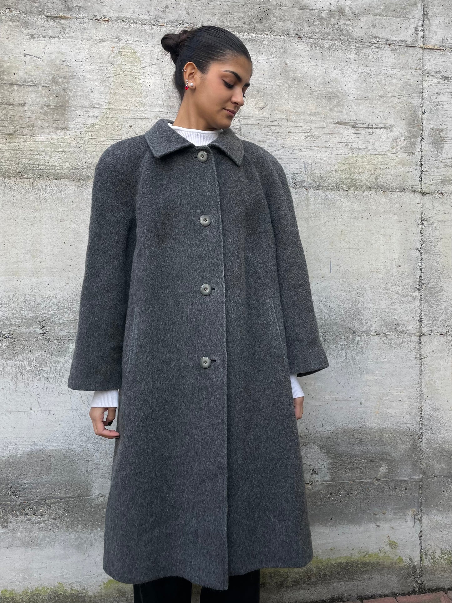 Cappotto sartoriale lungo monopetto, in misto lana e alpaca