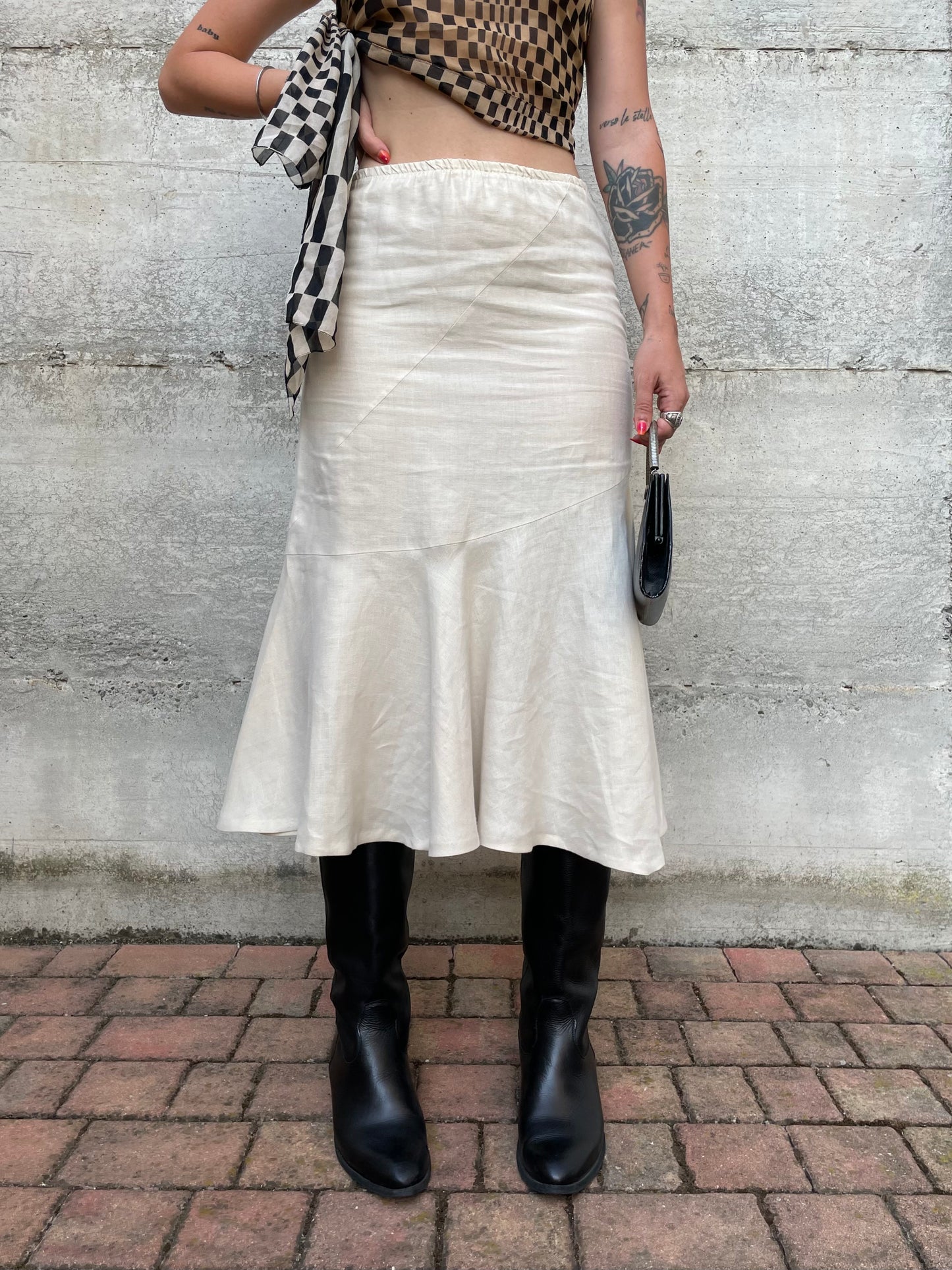 Gonna Y2K midi burro 100% lino, sartoriale Made in Italy, taglia 40it