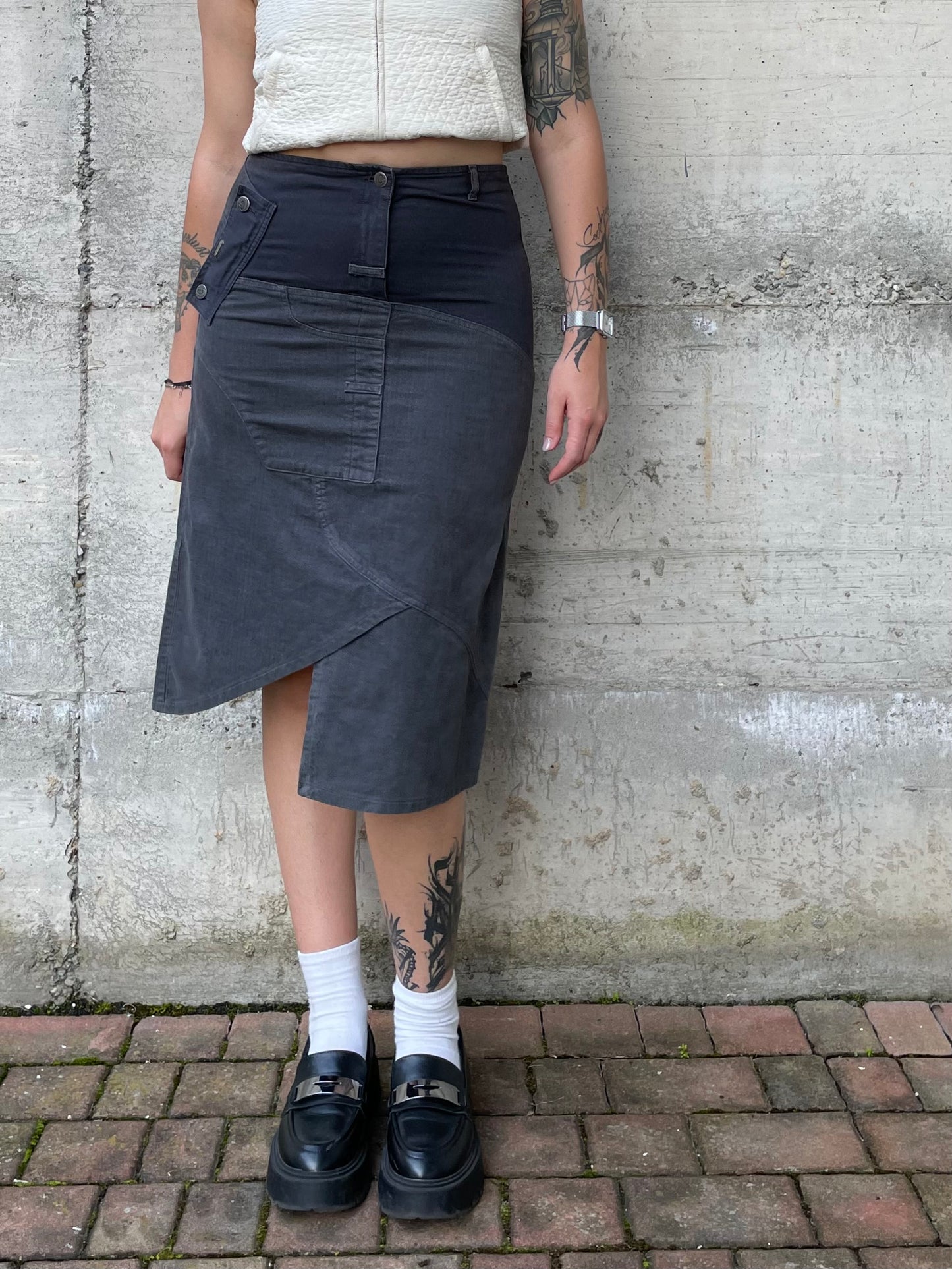 Gonna cargo midi denim 100% cotone - grigio/blu - S