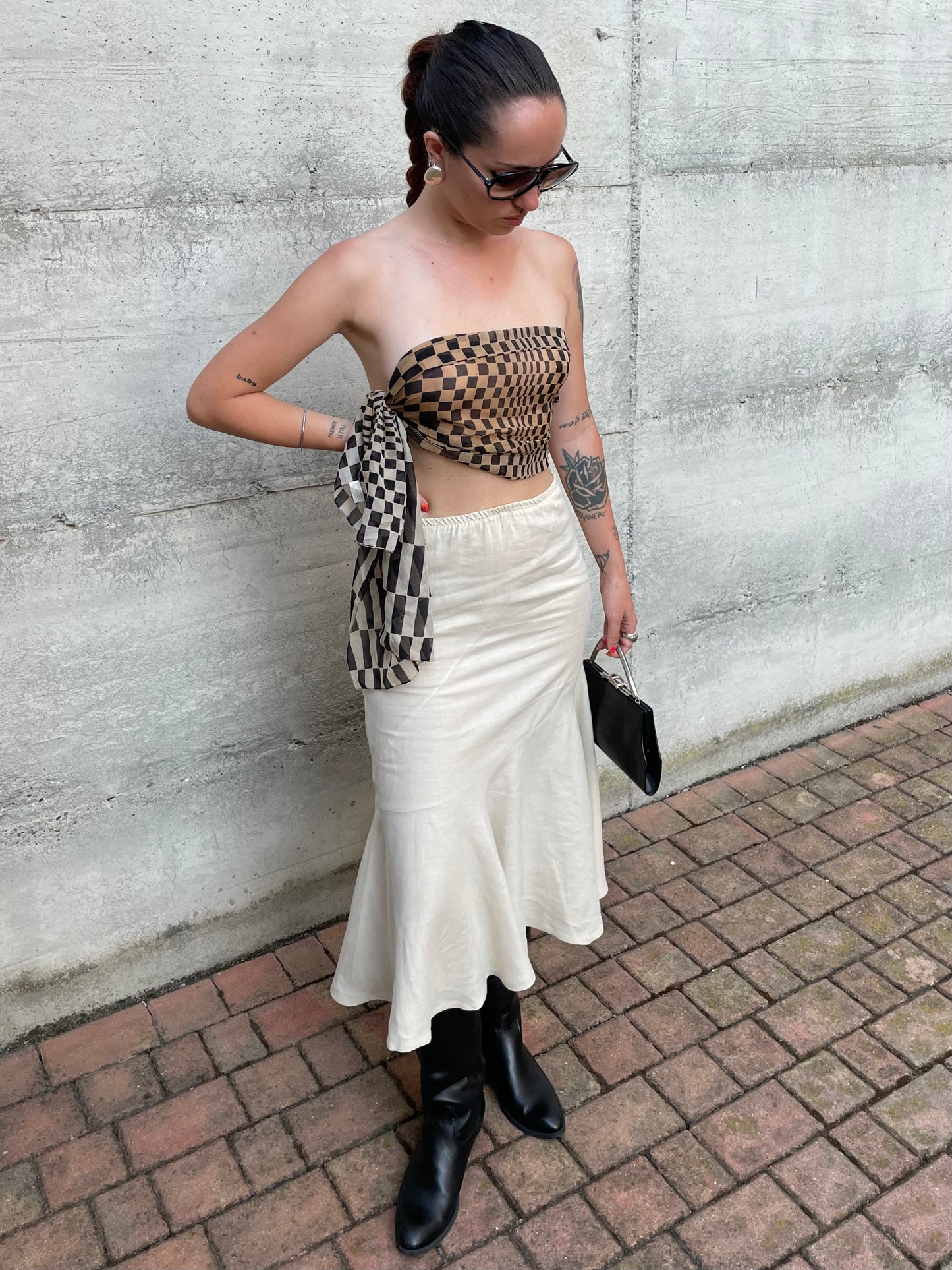 Gonna Y2K midi burro 100% lino, sartoriale Made in Italy, taglia 40it