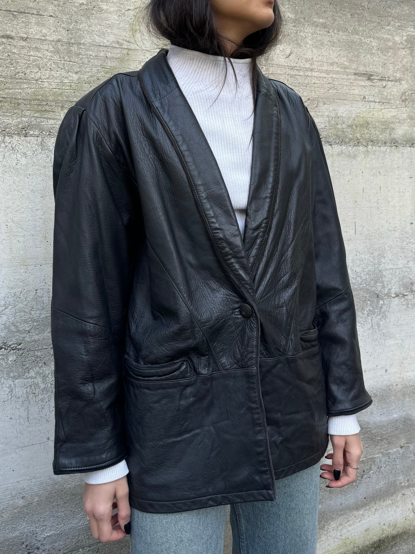 Giacca donna 80s in vera pelle nappata testa di moro