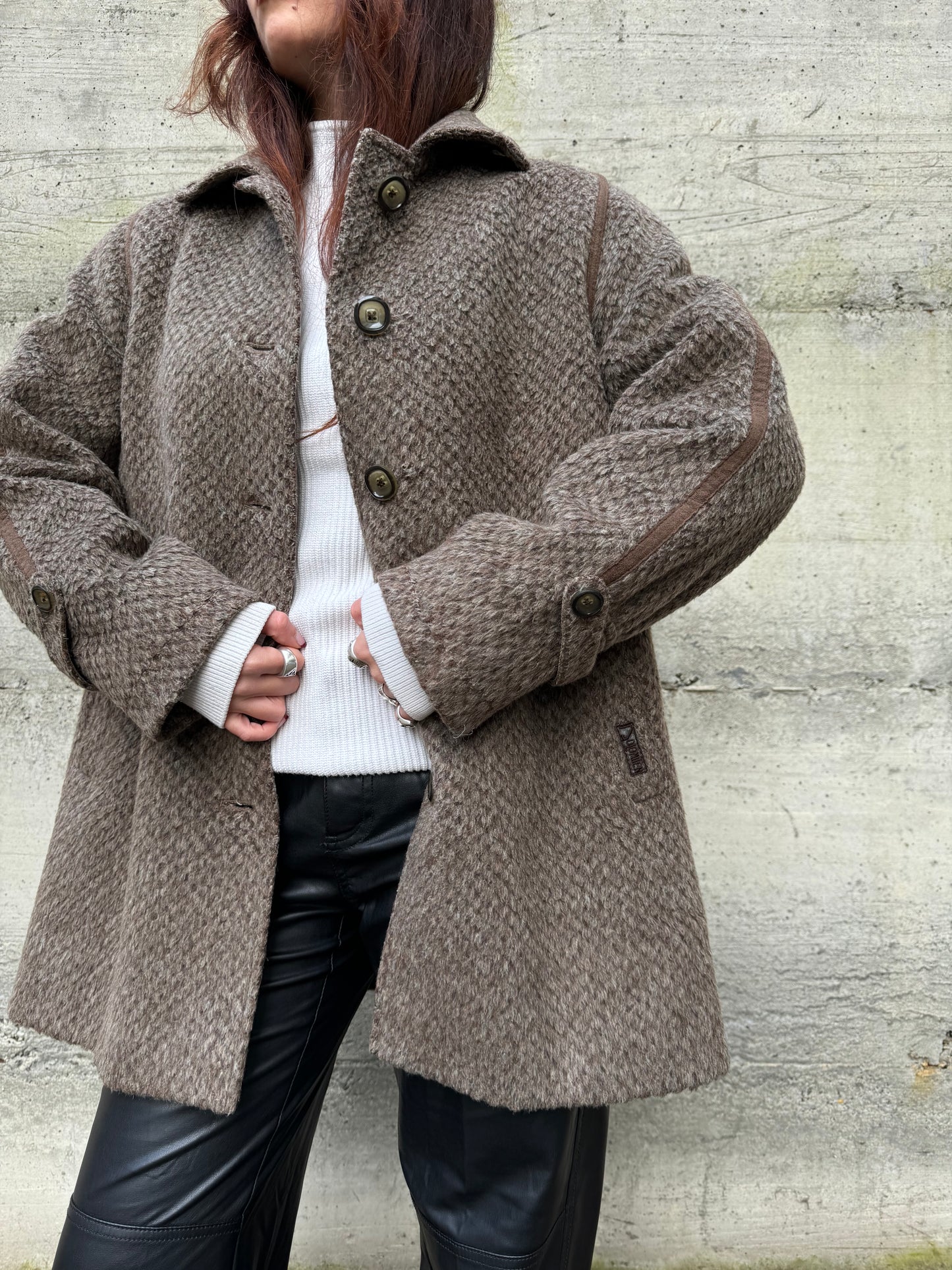 Cappottino Loden spigato color fango, misto lana e alpaca