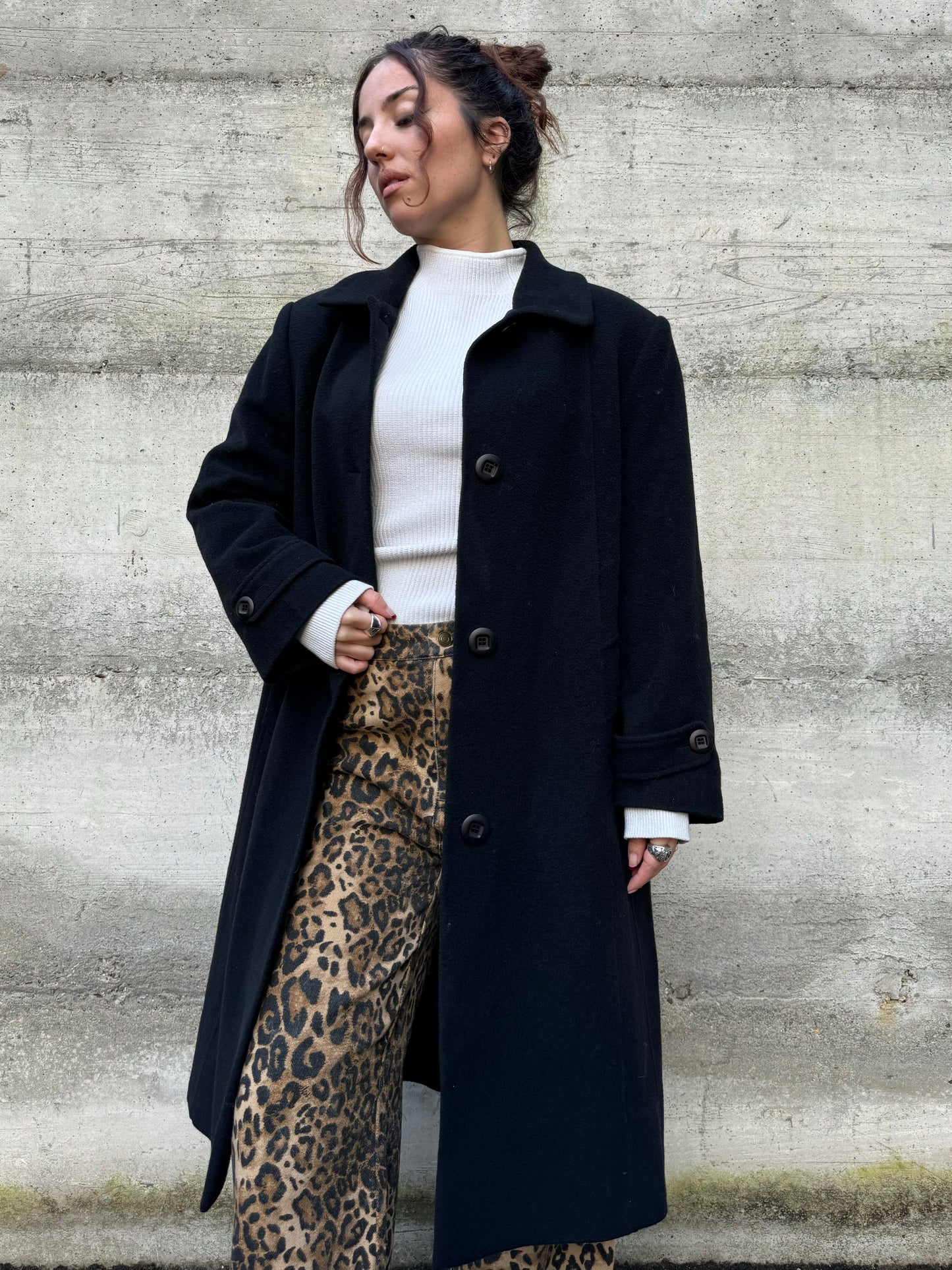 Cappotto sartoriale donna monopetto nero, in misto lana e cashmere