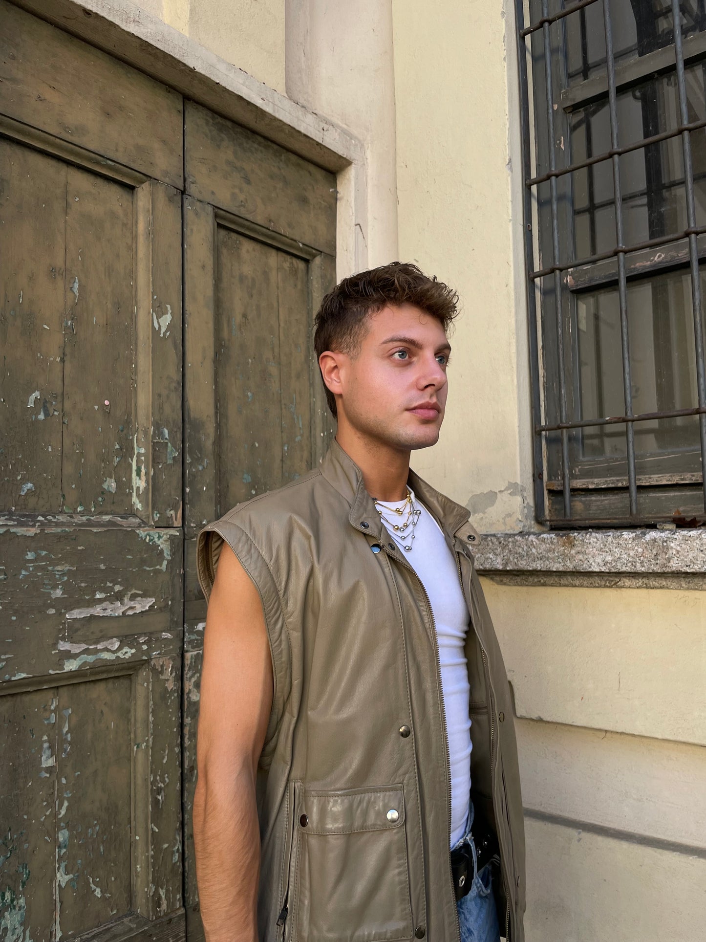 Bomber smanicabile vera pelle beige - M uomo