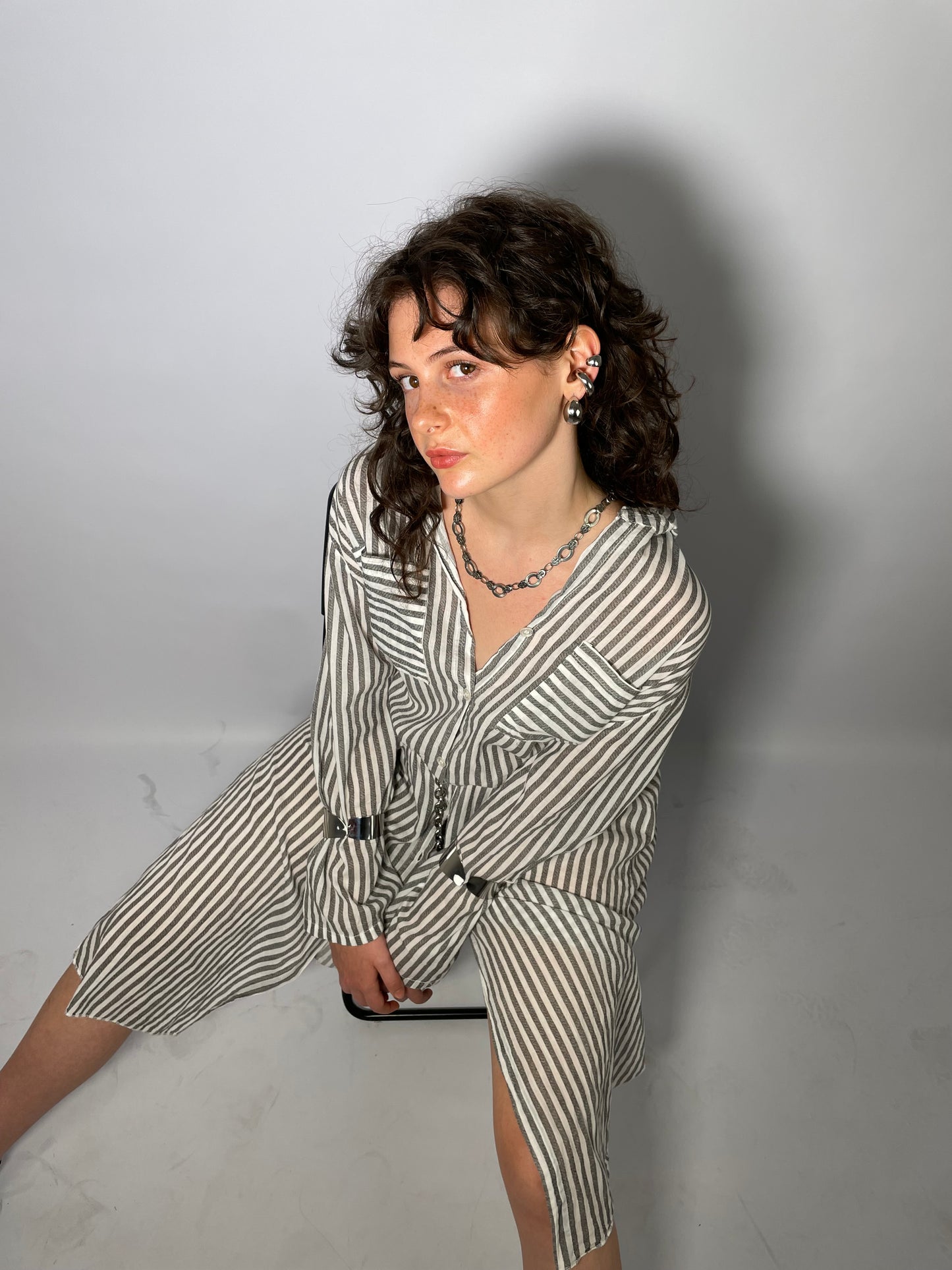 Maxi camicia lunghezza midi 100% cotone - righe bianco e grigio - taglia unica