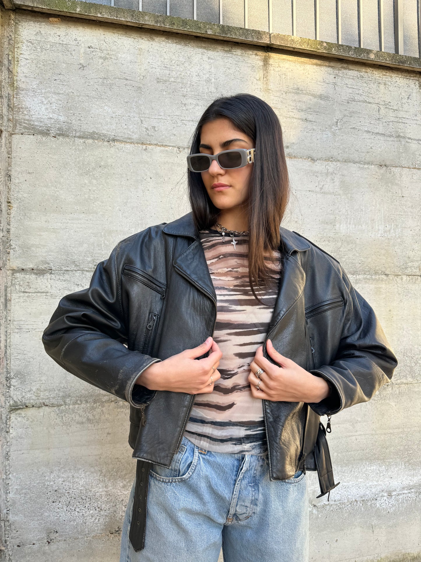 Bomber crop 80s in vera pelle nappata effetto used