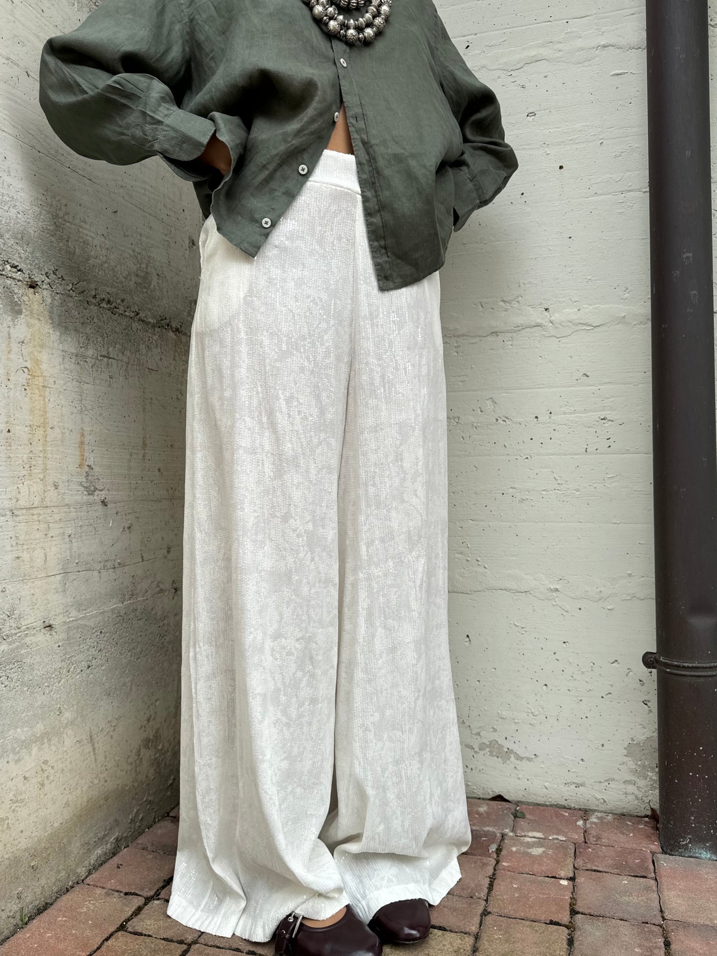 Pantapalazzo bianco lavorato con paillettes in misto viscosa, taglia M