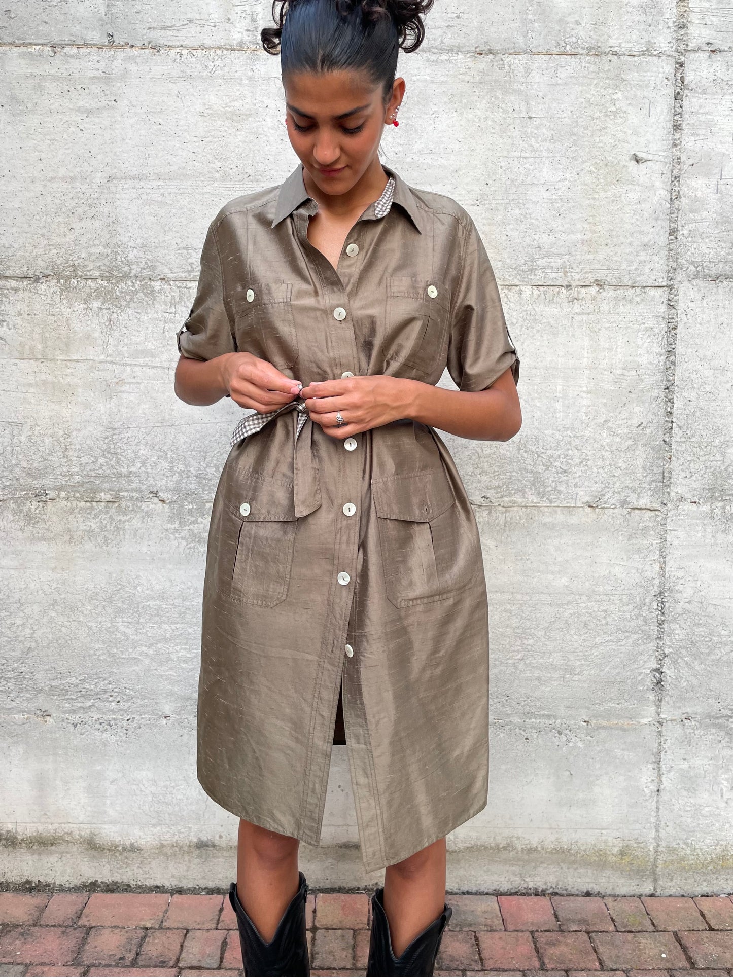 Chemisier midi 100% shantung di seta verde oliva - taglia M