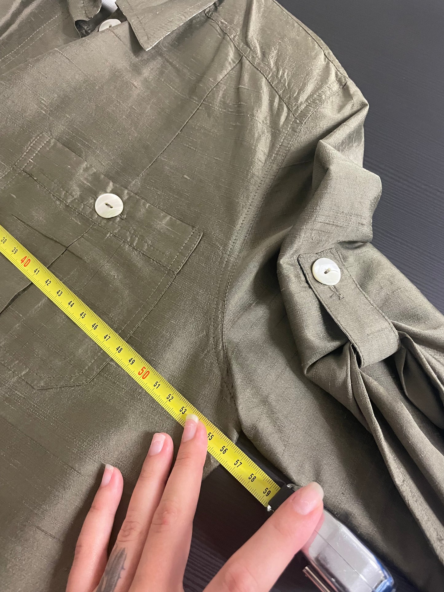 Chemisier midi 100% shantung di seta verde oliva - taglia M