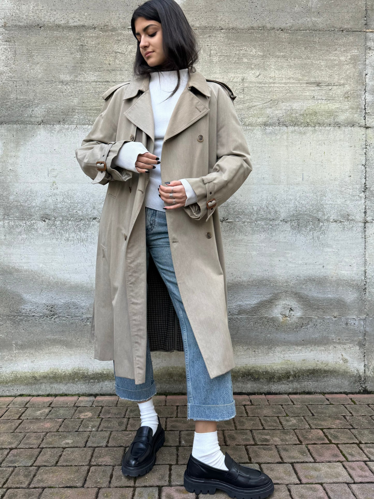 Trenchcoat sartoriale lungo doppiopetto color sabbia