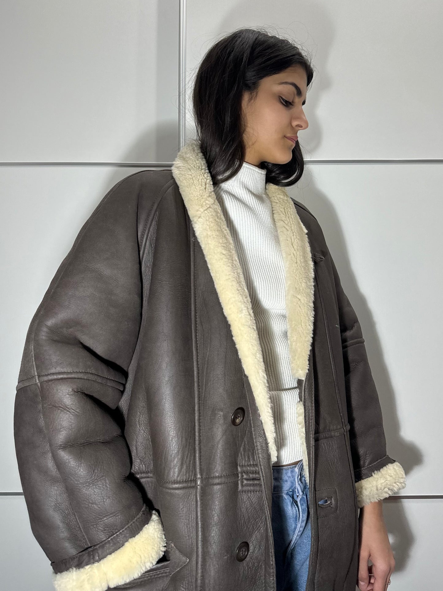 Montone originale Shearling in pelle testa di moro, taglia M uomo