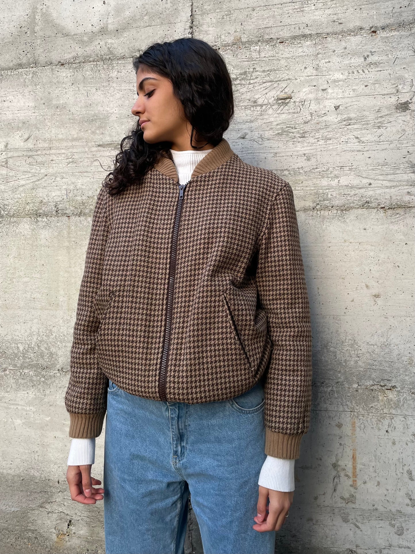 Bomber con elastici pied de poule trapuntato, in lana - taglia M uomo