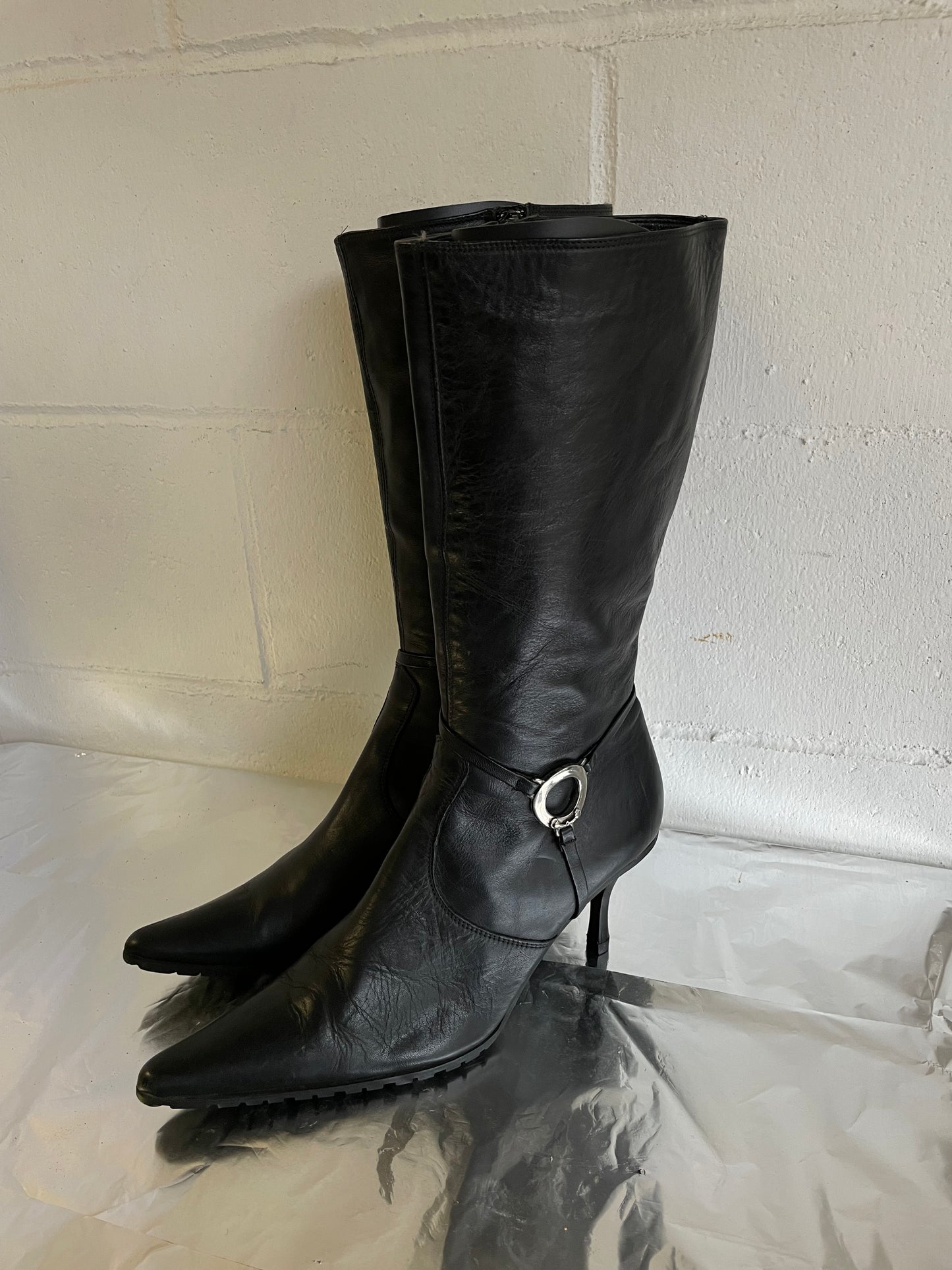 EU 39 - Stivale vintage vera pelle nero a punta, tacco 8cm