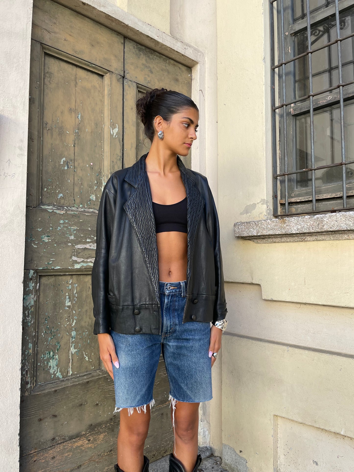 Giacca in nappa nera lavorata, vera pelle, taglia M donna