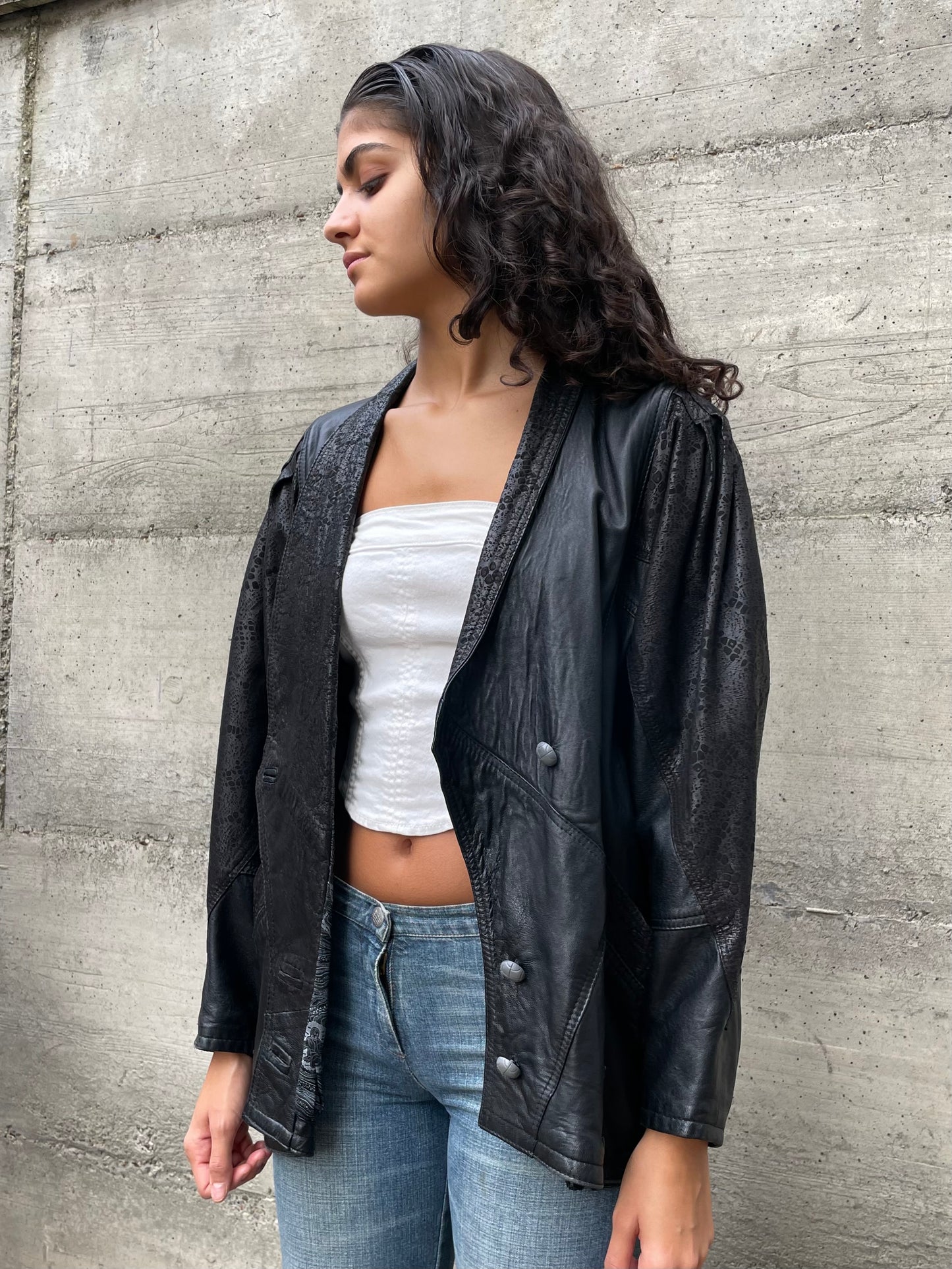 Giacca 80s lavorata in vera pelle nera - taglia M