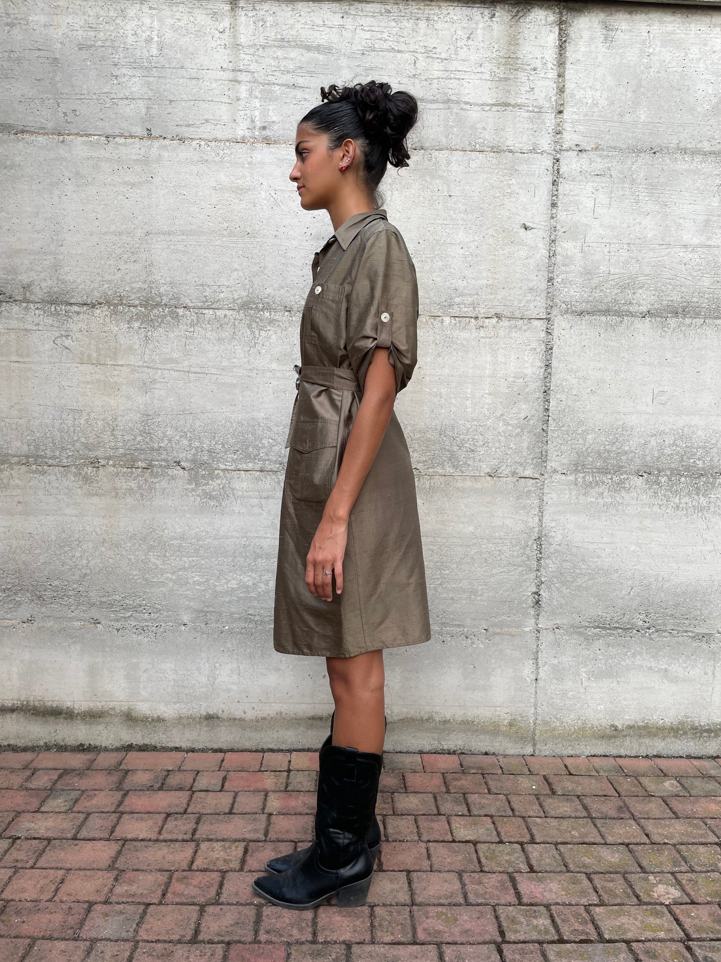 Chemisier midi 100% shantung di seta verde oliva - taglia M