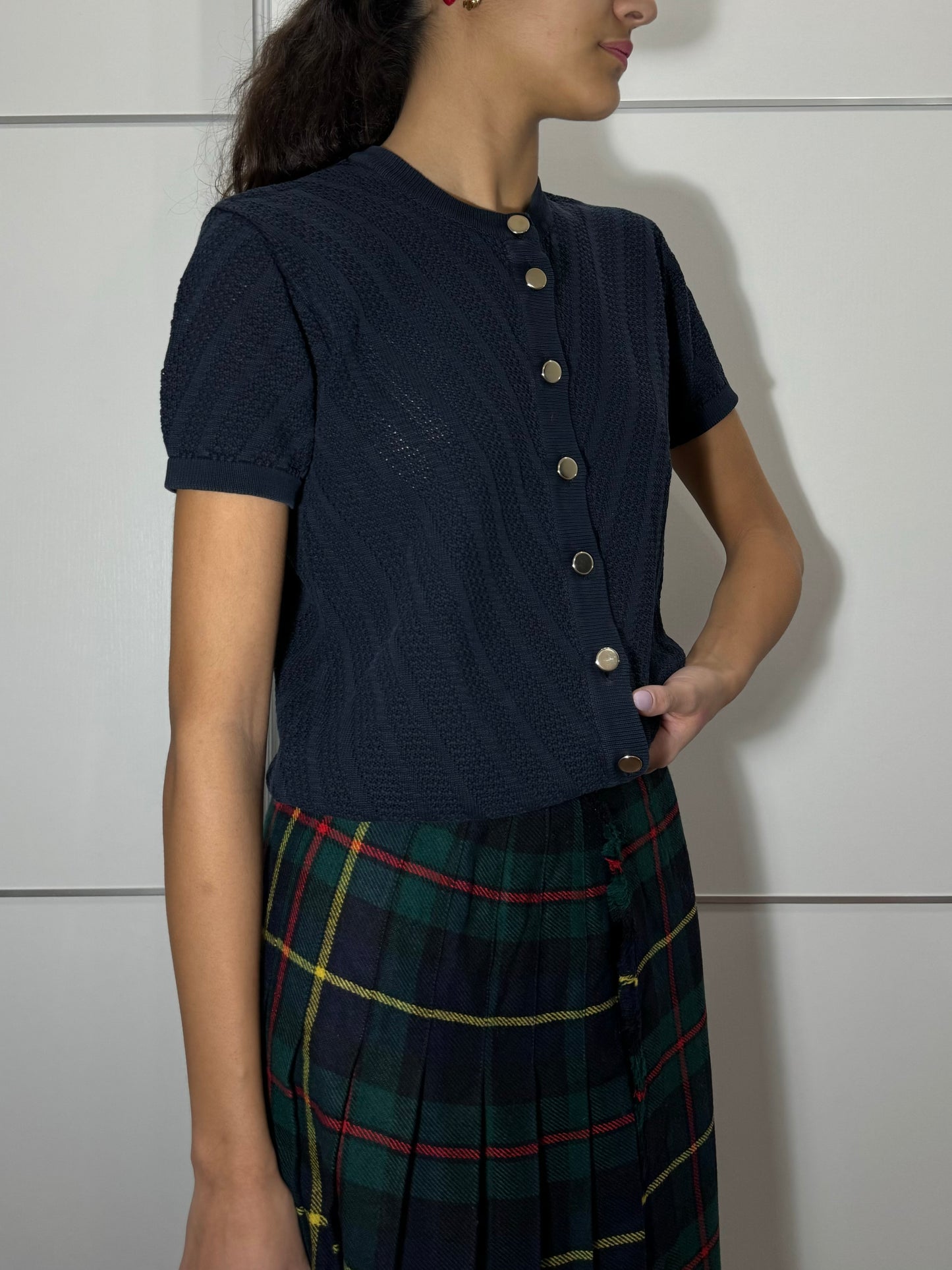 Maglioncino a manica corta girocollo Burghi blu notte, 100% cotone