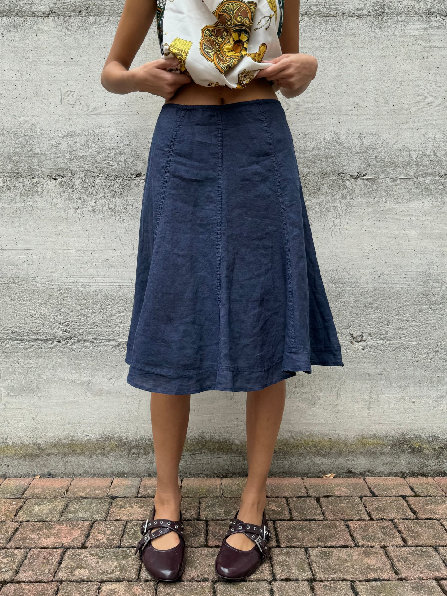 Gonna sartoriale midi a ruota 100% lino, taglia M