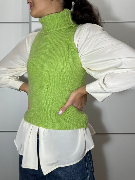Gilet a collo alto crochet verde mela, misto kid mohair