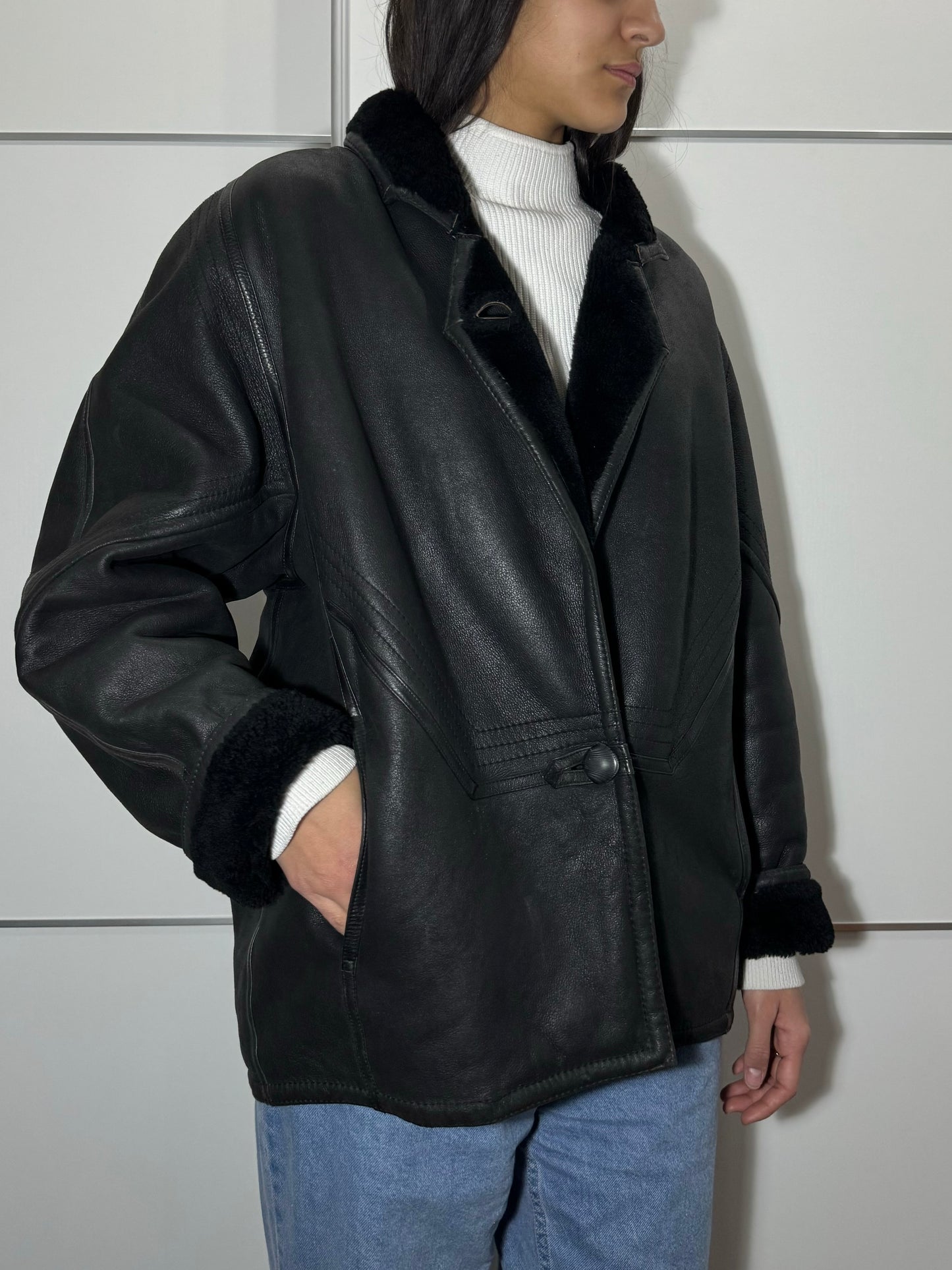 Montone originale Shearling in pelle nero, rara taglia piccola da donna